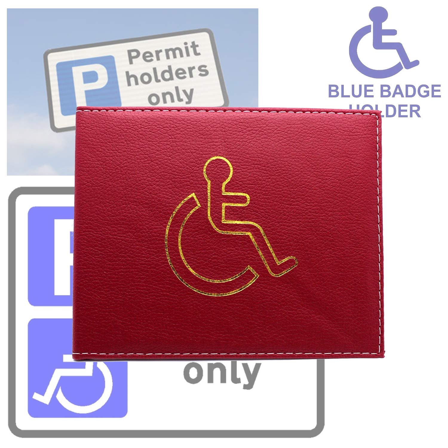 AKH® 100% Leather Disabled Badge Holder Wallet - Blue Badge Timer Holder - Hologram Safe (Red)