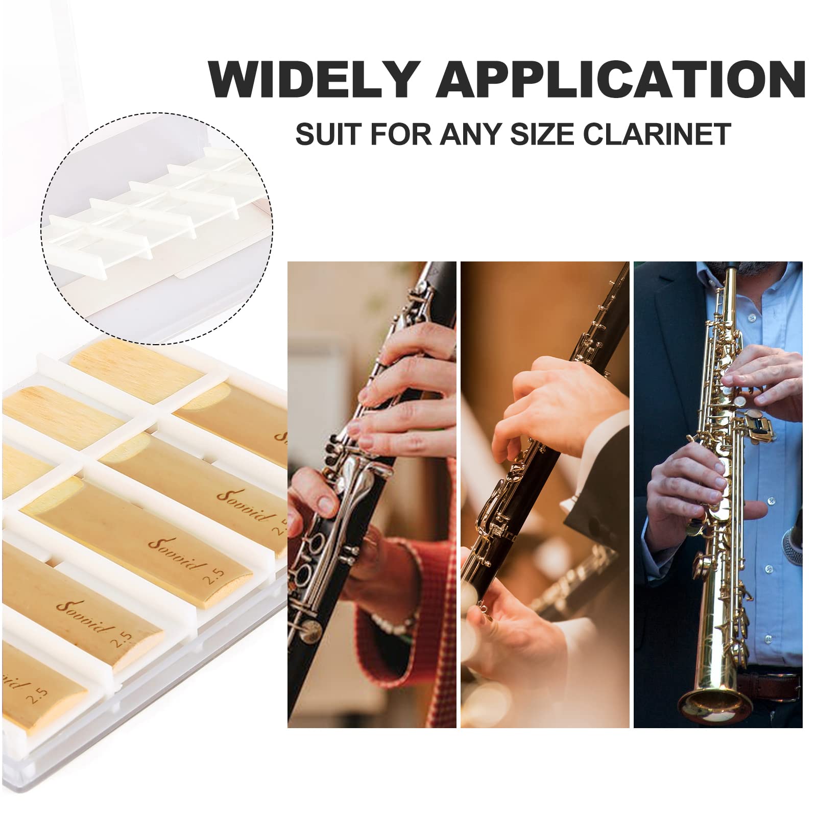 Sovvid 10 Pack Bb Clarinet Reeds with Plastic Box, Strength 2.5 Reeds for Clarinet, Thinner Reed Tip & Unfiled Cut for Easy of Play, Traditional Reeds for Clarinet Beginner and Player