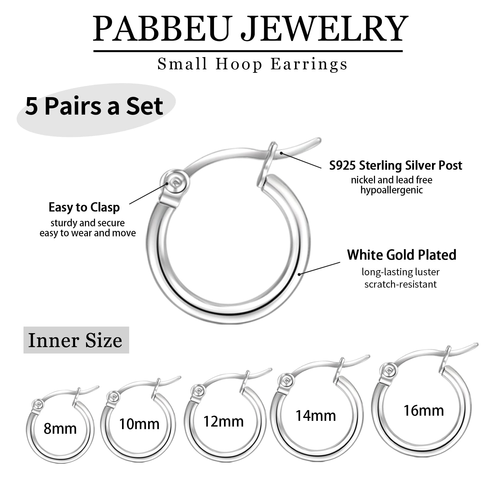 5Pairs Sterling Silver Hoop Earrings-Silver Hoops Earrings for Women Sleeper Small Hoop Earrings Tiny Mini Hoop Earrings for Girls Women 8/10/12/14/16mm PABBEU