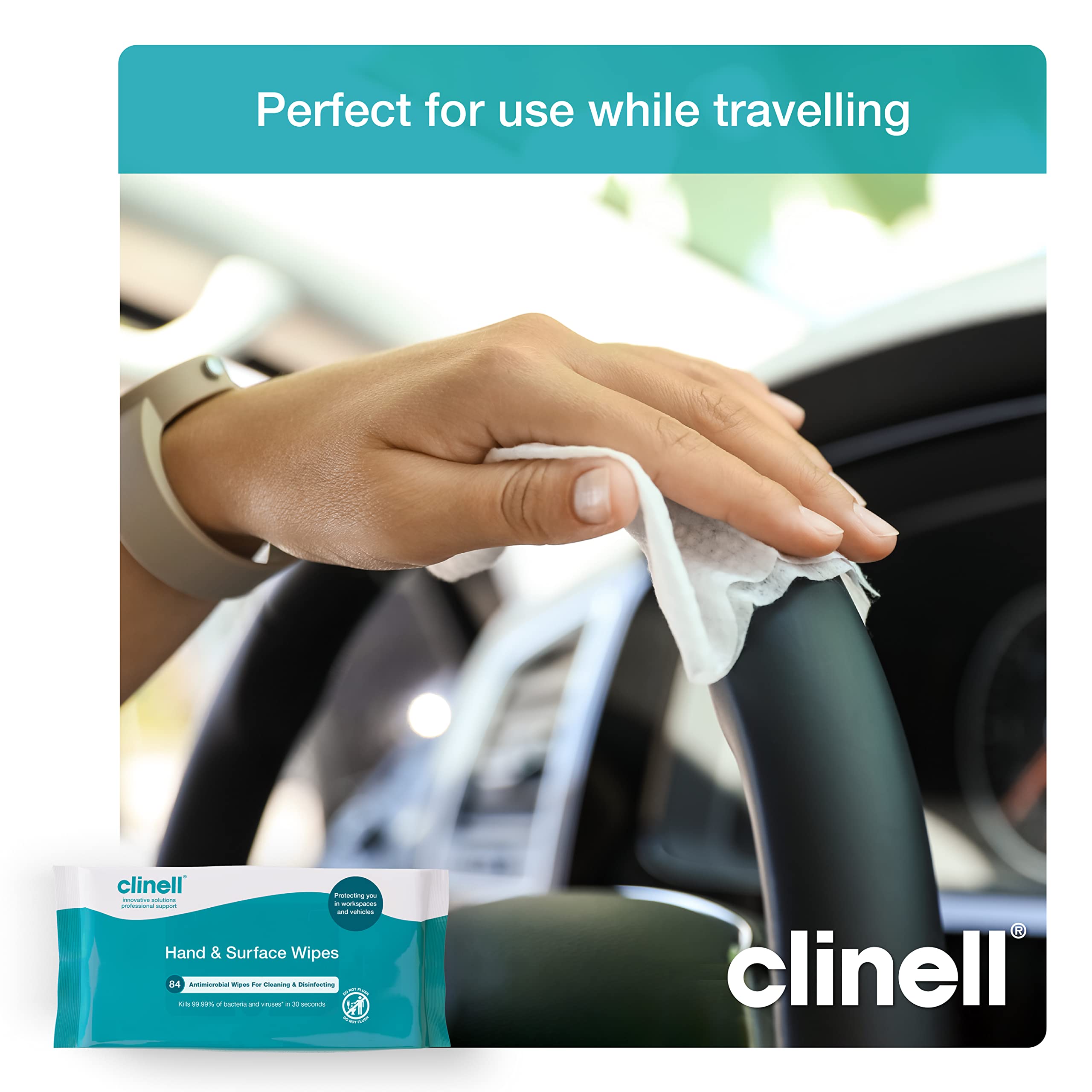 Clinell Antimicrobial Hand & Surface Wipes for Cleaning & Disinfecting - Pack of 1 - 84 Wipes - Sanitising Wipes, Ideal for Travel - Kills 99.99% of Bacteria & Viruses