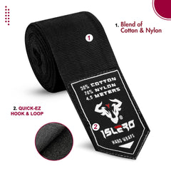 Islero 4.5m Boxing Hand Wraps Inner Gloves Elasticated Fabric Thumb Loop Bandages Straps Wrist Protection Muay Thai MMA Kickboxing Martial Arts Speed Bag Punching Training (Black)