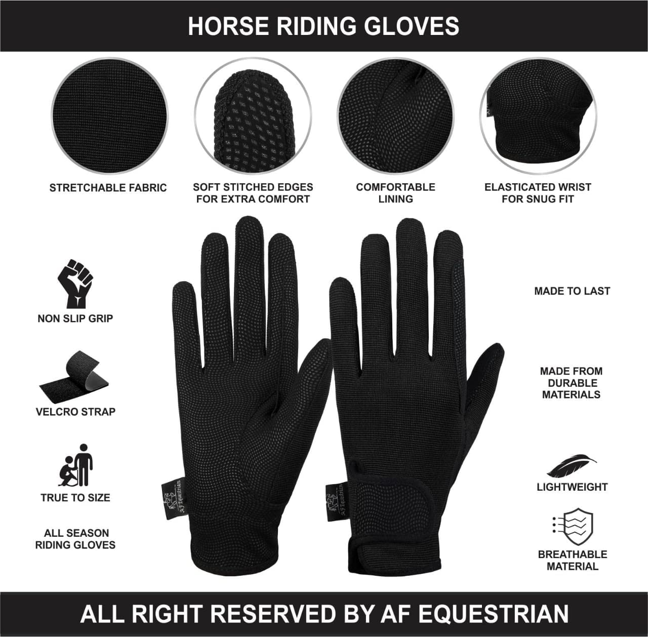 AFE Ladies Horse Riding Gloves Track Fabric Gloves Synthetic Leather Equestrian Black Stretch Fabric Pink Purple Lilac (Black, Large)