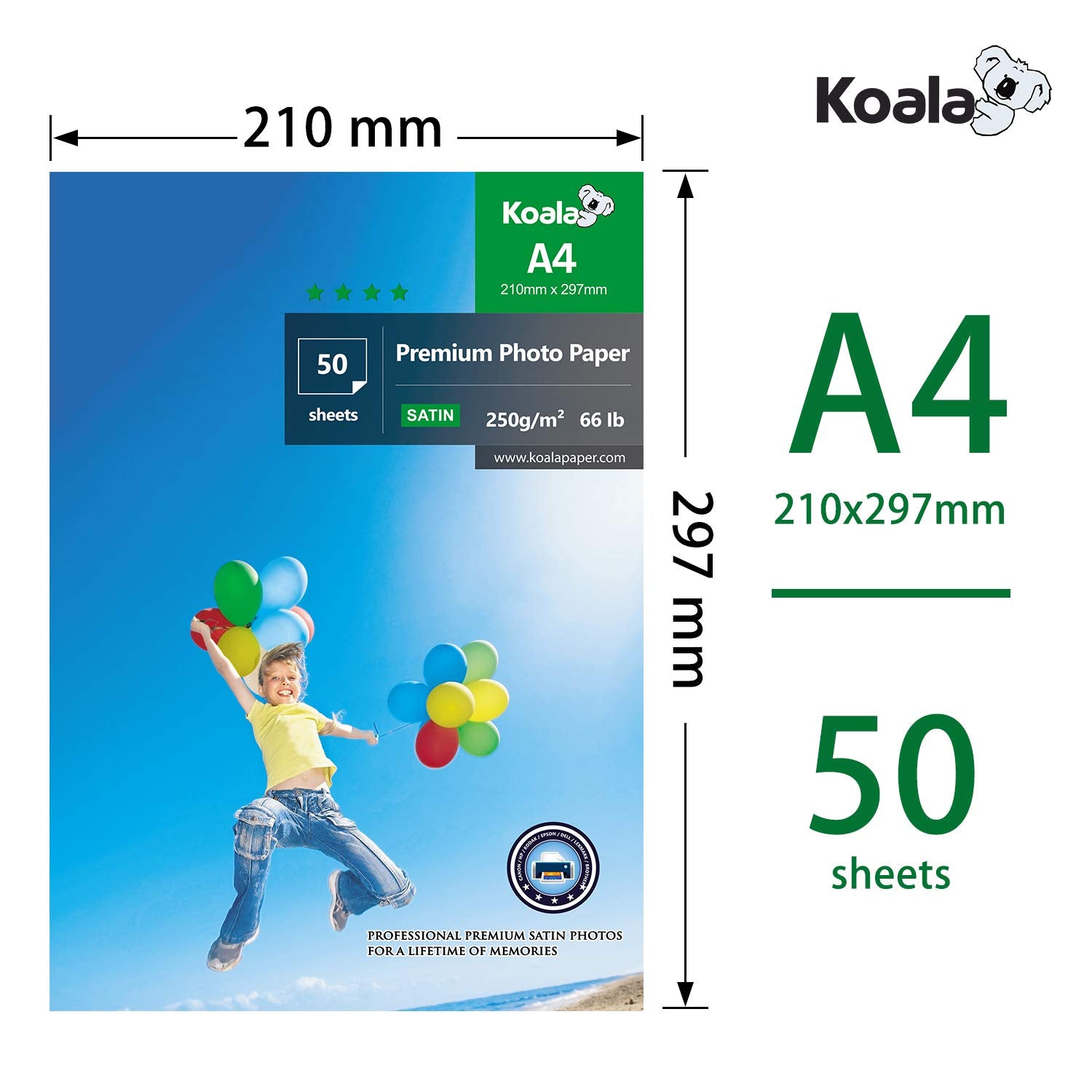 KOALA Inkjet Satin/Oyster Photo Paper A4 Size 297x210mm 250gsm 50 Sheets with Premium Satin Advanced Resin Coated for Canon Hp Epson Inkjet Printer