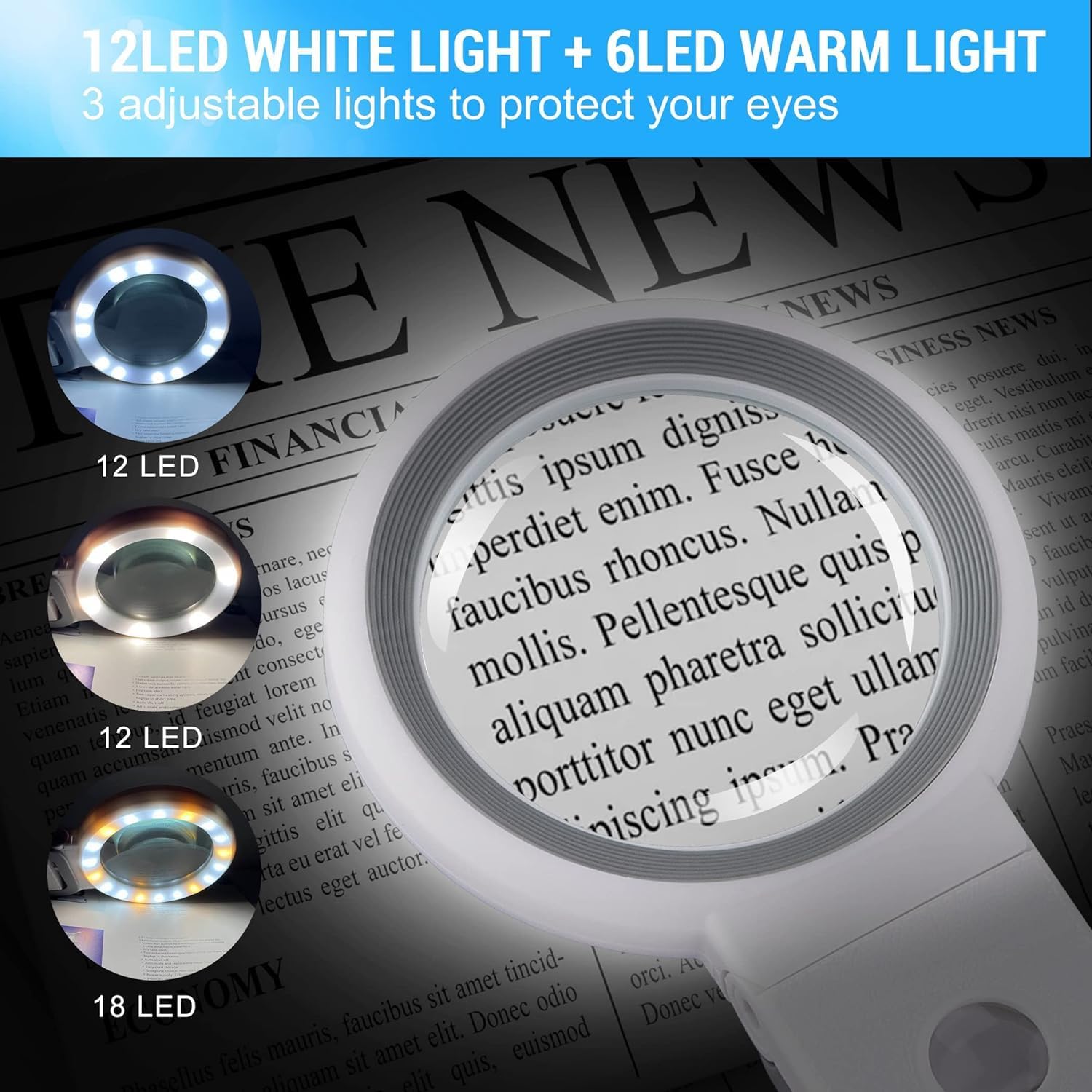 Magnifying Glass with Light and Stand with 18 LEDs, 10 X 30 X Foldable Magnifier 3 Lighting Modes, dimmable Desktop Magnifier for The Elderly, Children, Reading, Inspection, Hobby - with Lens Cloth