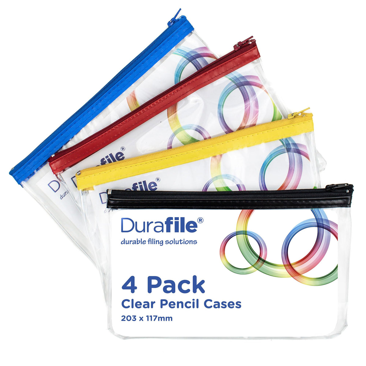 Durafile Clear Pencil case, Pack of 4, Small Exam Pencil Case Clear 203 x 117mm, Assorted Colours Metal Zipper Pencil Case, Waterproof, Versatile Storage, Stationery Make up Toiletries Travel & Office