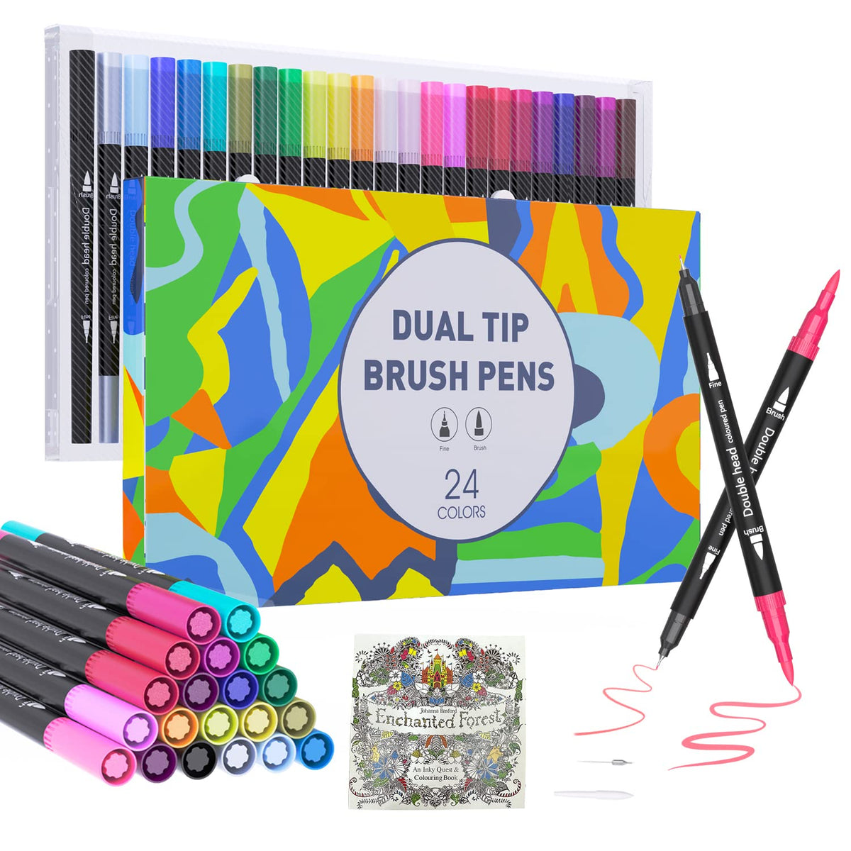 Sonlaryin Dual Tip Brush Pens, 24 Colours Colouring Pens,Felt Tip Pens for Children and Adults, fineliners for Drawing, Painting, Calligraphy, Comic, Colouring Books