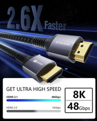 HDMI 2.1 Cable 2m(6Ft)Certified,Stouchi 10K 8K Ultra HD 48Gbps High Speed 10K 8K120 4K120 144Hz RTX 3080 eARC HDR10 4:4:4 HDCP 2.2&2.3 Dolby Compatible with Roku TV/PS5/Xbox Series X/Samsung/Sony/LG