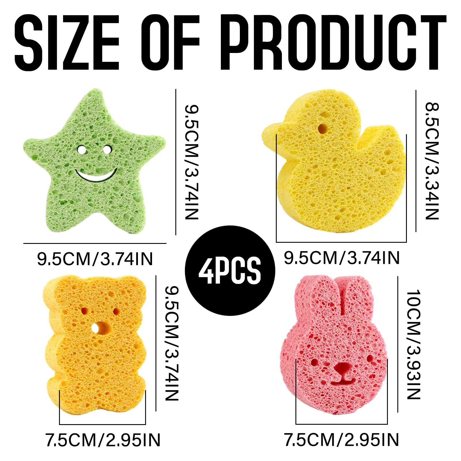 4Pcs Baby Bath Sponges,Soft Cute Animal Shapes Baby Bath Sponge Kids,Baby Sponges for Bath Newborn Gentle on Newborn and Toddler Skin(Orange,Green,Yellow,Pink)