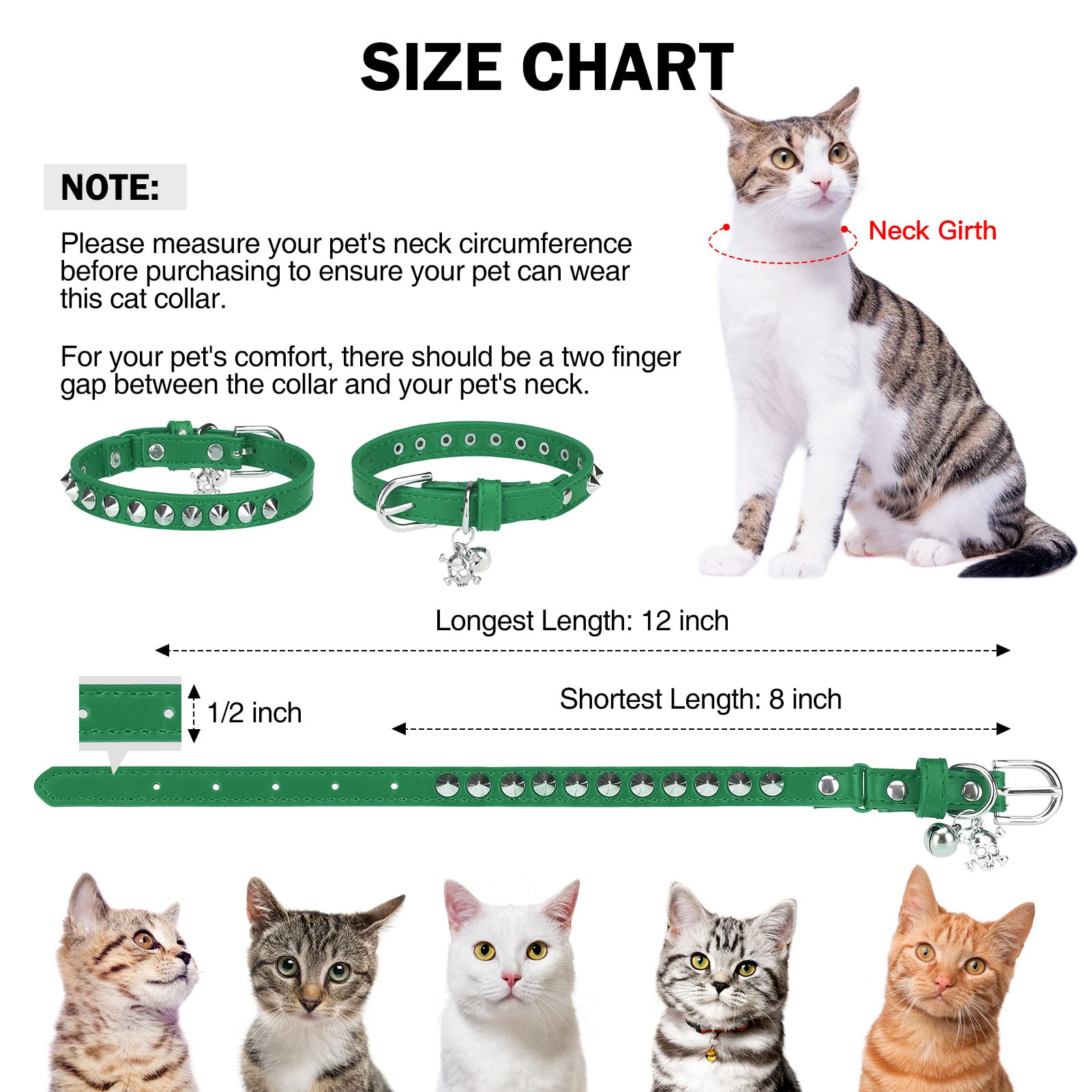 DILLYBUD Leather Cat Collars for Boy Girl Cats with Bell and Safety Elastic Belt, Personalized Rivets Stud Adjustable Safe Buckle Collar with Skull Charm for Kitty Small Pets Size 8-12 Inch, Green