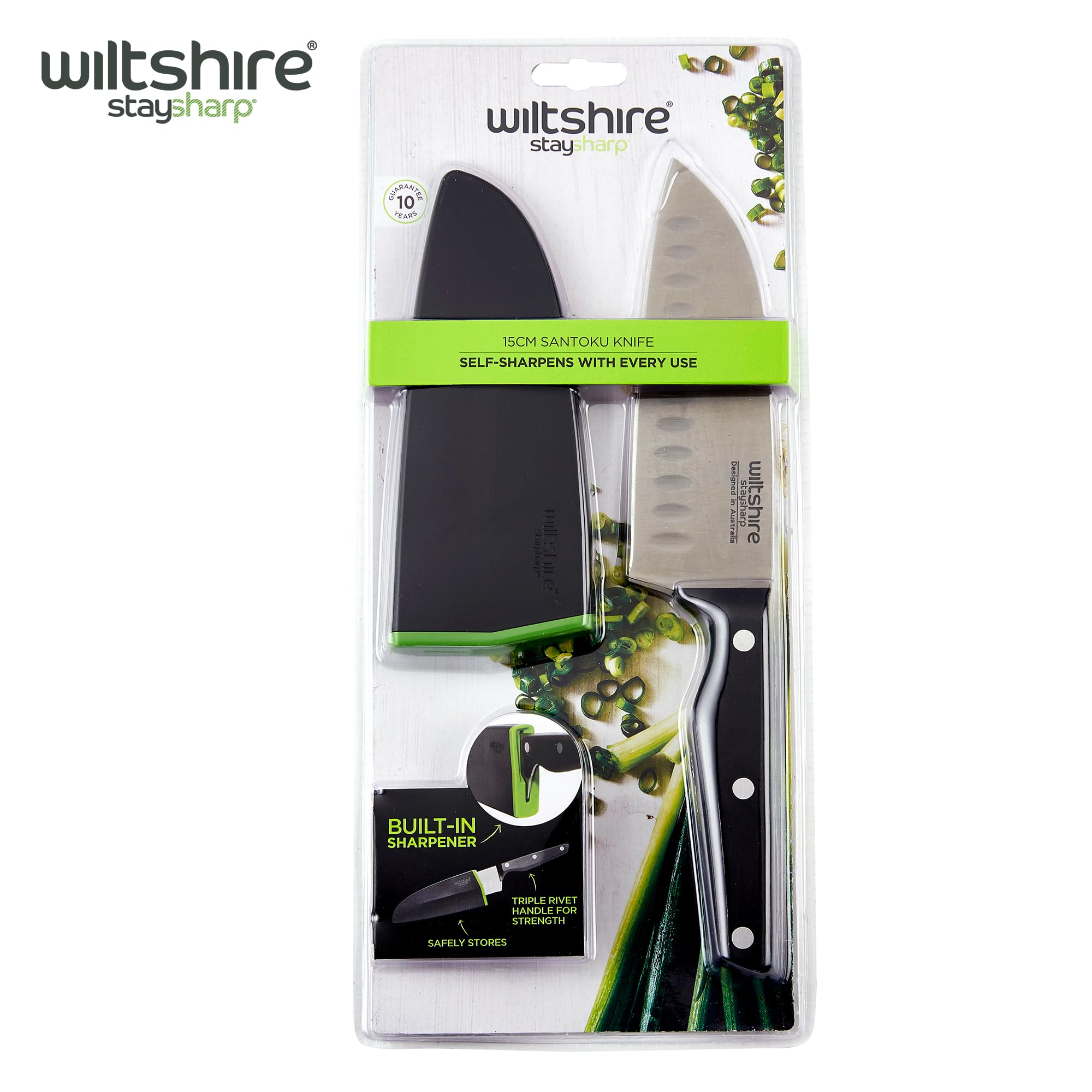 Wiltshire Staysharp Triple Rivet Santoku Knife 15cm6,Kitchen Knife with Built-in Sharpener,Keep Your Knife Sharp at All Times,Slim Design Scabbard,Ergonomic Triple Rivet Handle,10 Year Guarantee