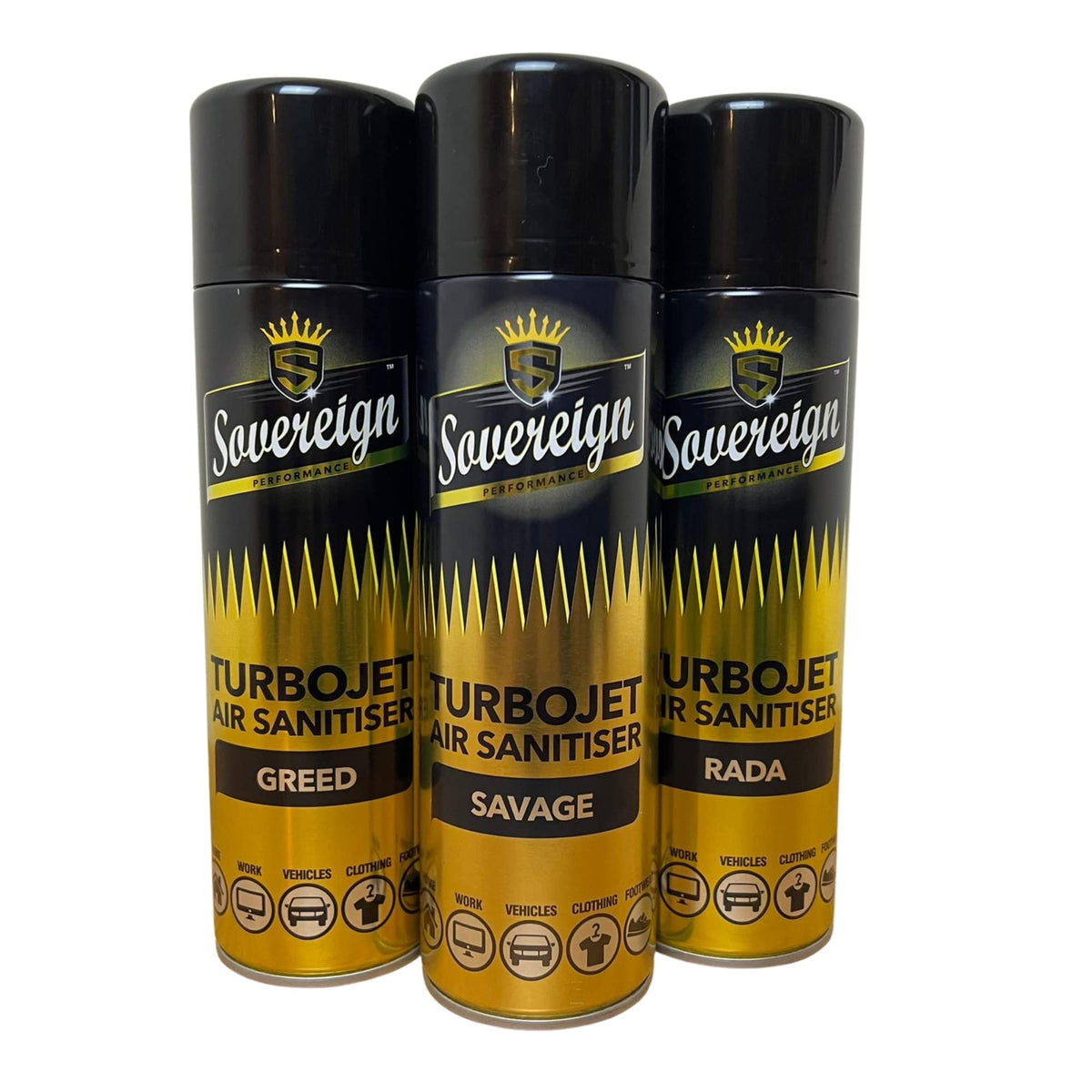 Sovereign Aerosols 3 x Sovereign Designer Fragrances Savage Greed RADA Car Home Office Gym Turbojet Air Sanitiser Freshener Blast Spray Cans 500ml Bundle