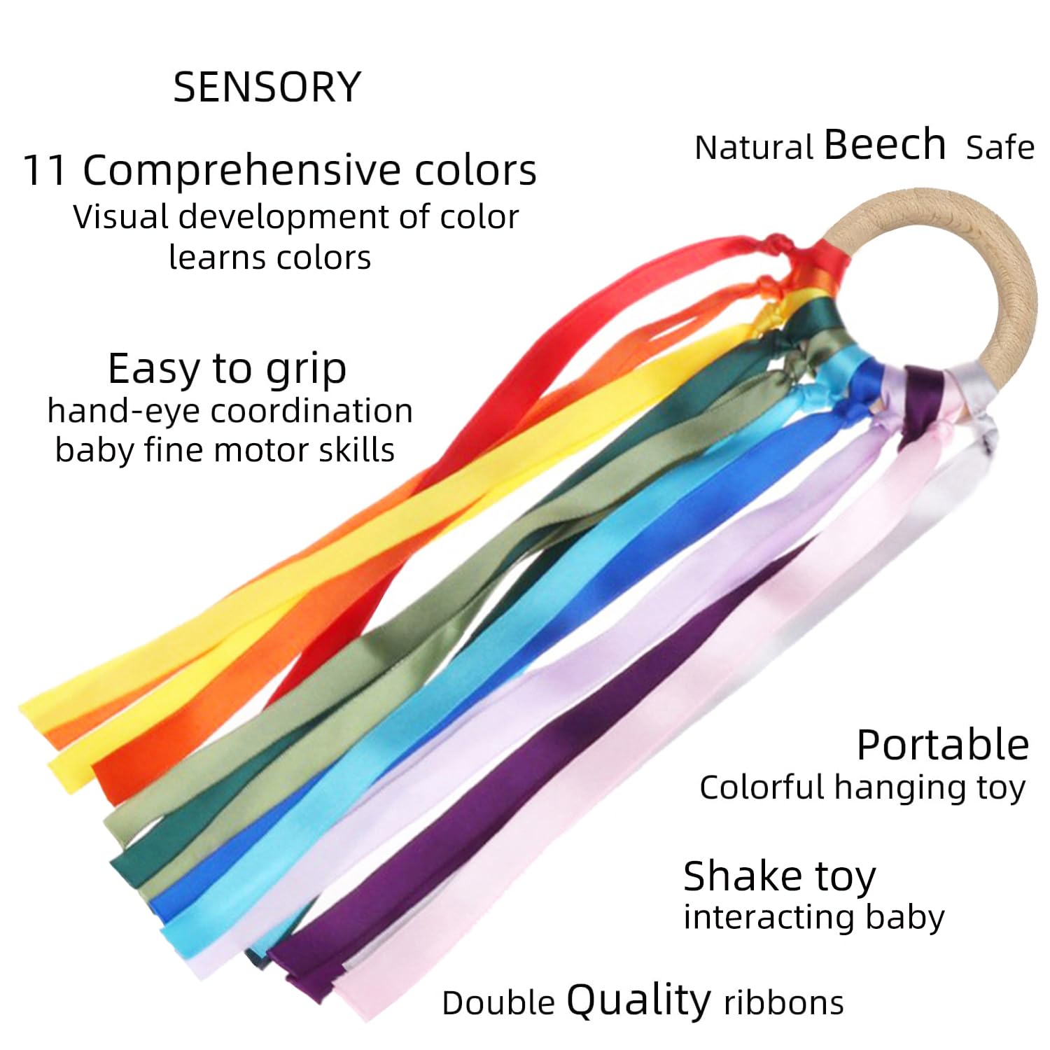 Theastarry 2Pcs Baby Sensory Ribbon Ring Toys, Natural Wooden Easy Grasp Shaker Colored Ribbon Rattles