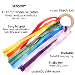 Theastarry 2Pcs Baby Sensory Ribbon Ring Toys, Natural Wooden Easy Grasp Shaker Colored Ribbon Rattles