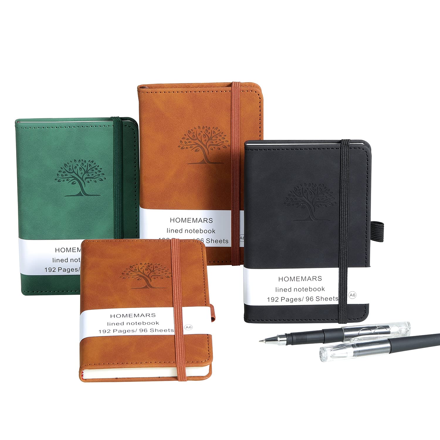 HOMEMARS Pocket Notebook, Small Notebook, 3 Pack, Pocket Notepad,14.4 cm x 9.6cm, A6 Notebook, Small Notepad, Brown, Green, Black, 192 Pages Each, Hardcover, Embossing Tree Design, Lined Paper