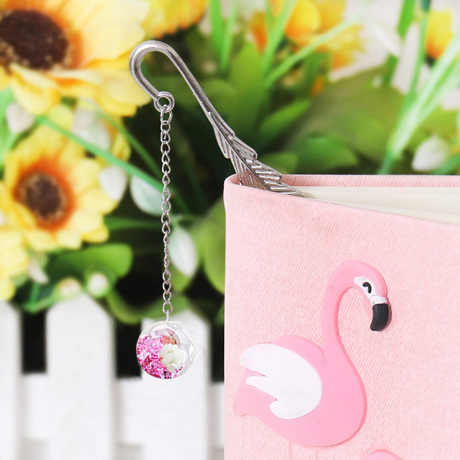 Handmade Metal Feather Shaped Bookmarks with Flower Specimen Pendants Book Page Marker for Reading Adults Kids Students Pink