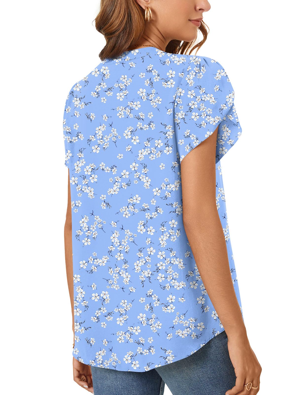 Aodemo Women's Summer Chiffon V Neck Blouses Tulip Short Sleeves Dressy Tunic Office Tops Casual Loose T-Shirts XL, Blue White Flower