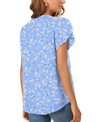 Aodemo Women's Summer Chiffon V Neck Blouses Tulip Short Sleeves Dressy Tunic Office Tops Casual Loose T-Shirts XL, Blue White Flower