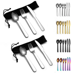 Evanda Portable Cutlery Set 2 Pack, Include Knife Fork Spoon, Stainless Steel Camping Flatware with Black Bag, for Outdoor, Picnic, Camping, Travel, Dishwasher Safe