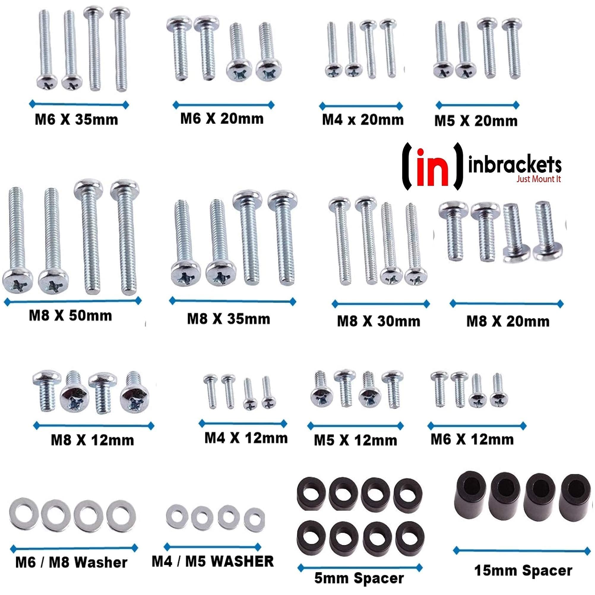 Inbrackets Universal Tv Bracket Screws Bolt Washer Spacer Spares Pack Kit for TV Bracket Wall Mounts compatiable with Vesa Tv wall mounts M4 M5 M6 M8 TOTAL 68PCS (68 Pcs)