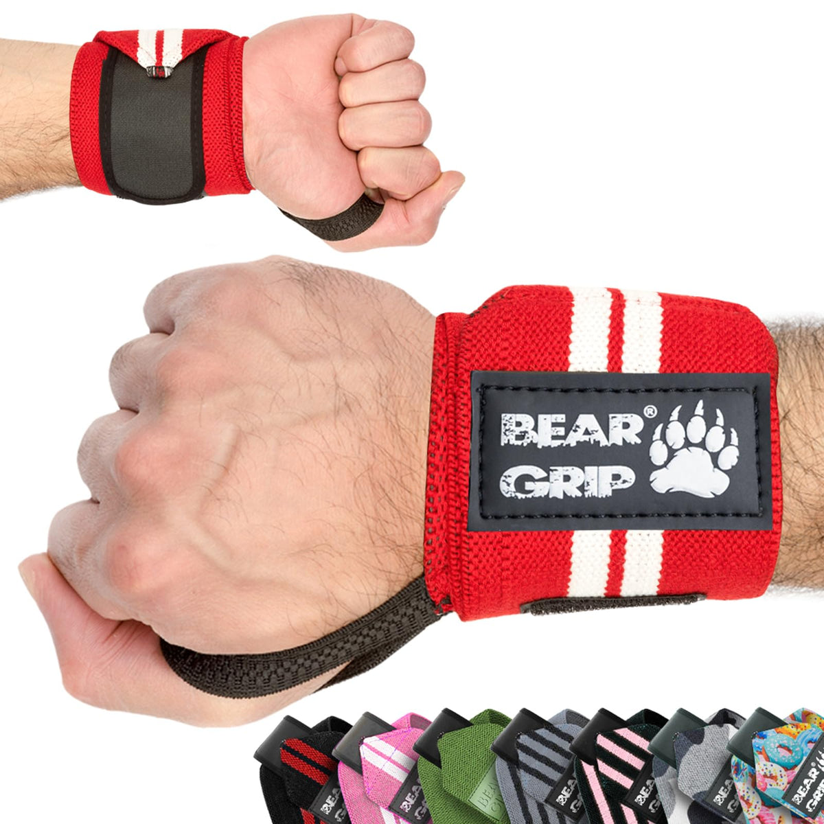 BEAR GRIP - Premium weight lifting wrist support wraps, (Sold in pairs) (Red/white)