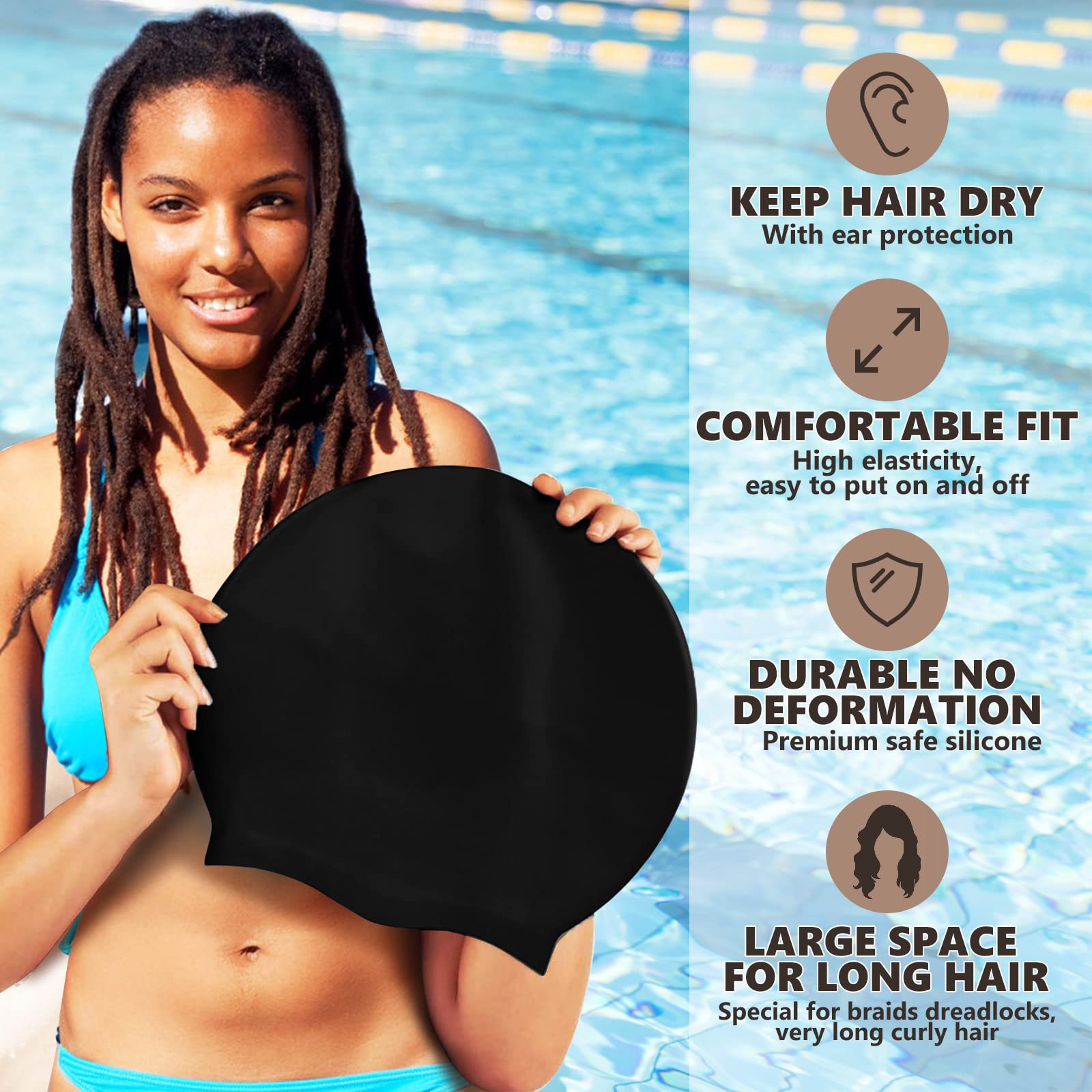 YOGINGO Extra Large Swimming Cap for Long Hair - Swim Cap Designed for Dreadlocks, Weaves, Hair Extensions, Braids, Curls & Afros - Swimming Hat Women & Men - Silicone Adult Swimming Cap