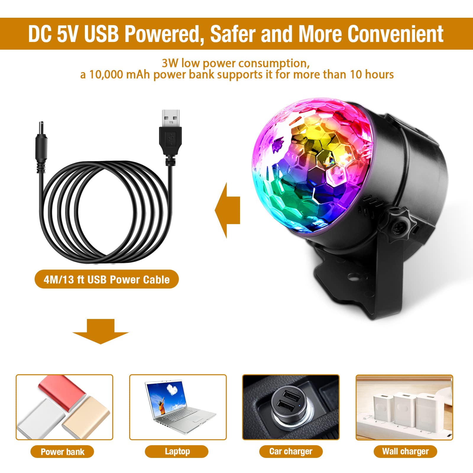 Gobikey Disco Lights, 360°Rotation Sound Activated 【Portable 】Disco Ball Lights with 4M/13ft USB Power Cable, 3W RGB Party Lights with Remote Control for Kids Birthday/Family Gathering/Party/Home