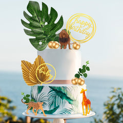 Heyu-Lotus Animal Cake Toppers, 15 PCS Safari Jungle Baby Shower Cake Toppers with Artificial Plam Leaves Eucalyptus Leaves Decors with Lion Giraffe Cheetah for Wild Theme Birthday Baby Shower Party