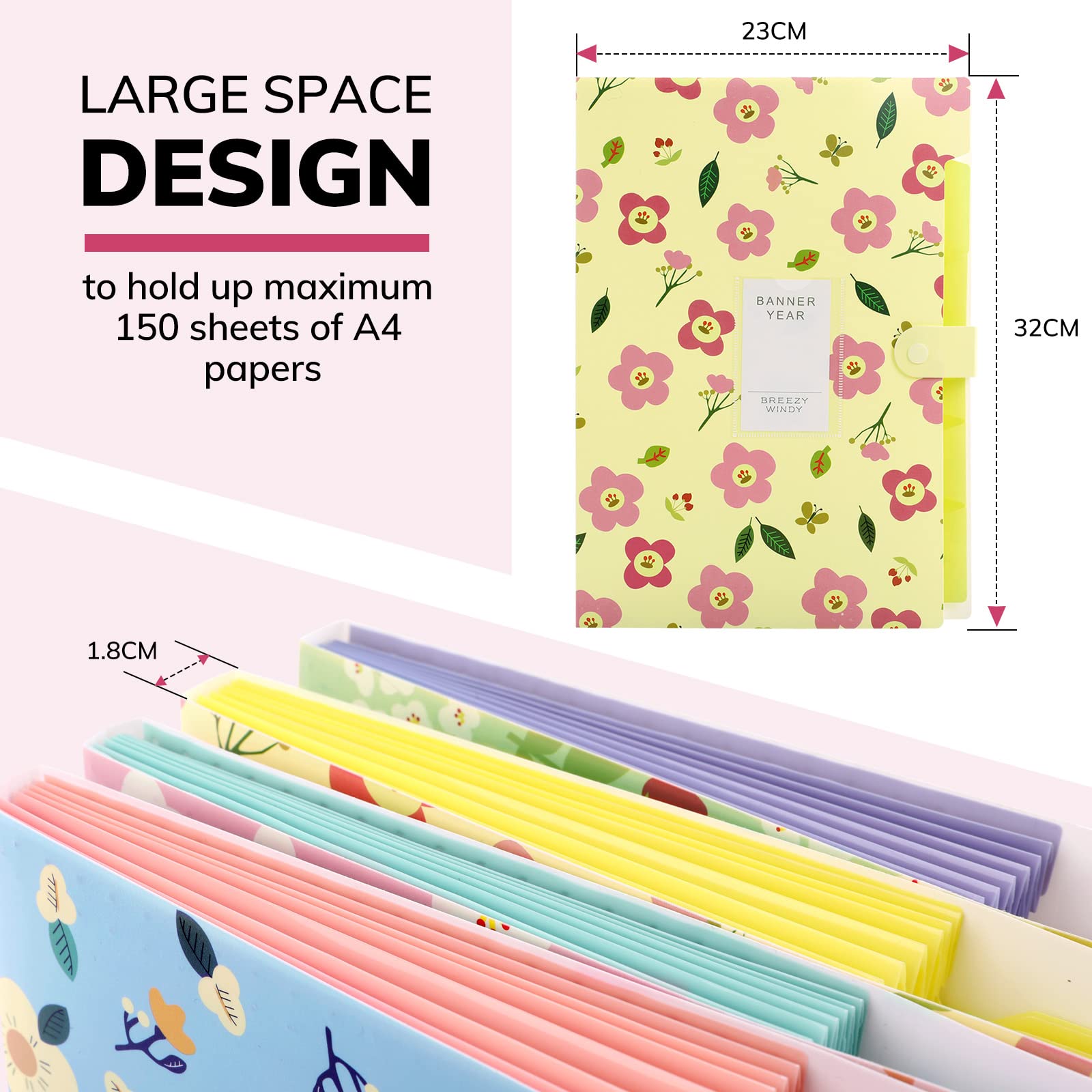 Expandable Expanding File,Expanding File Folder A4, Expanding File Organiser with 5 Pockets,Filing Folder Organiser,Floral Printed Folders for Paperwork,Yellow