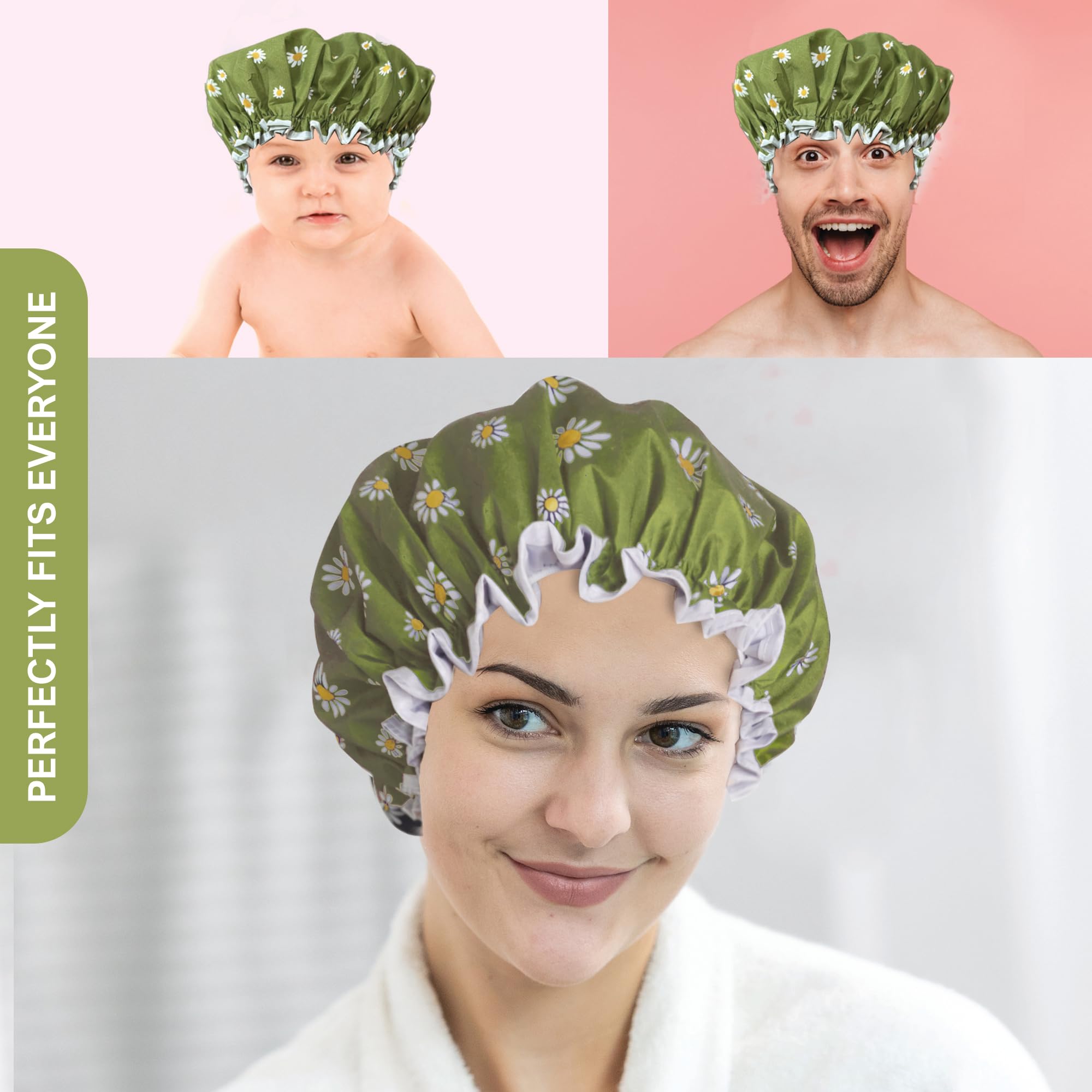 SARG Premium Double Layer Shower Cap for Women with Cool Green Design- Reusable Shower Cap for Hair - Waterproof Plastic Cap - Shower Caps for Long, Short and Curly Hairs