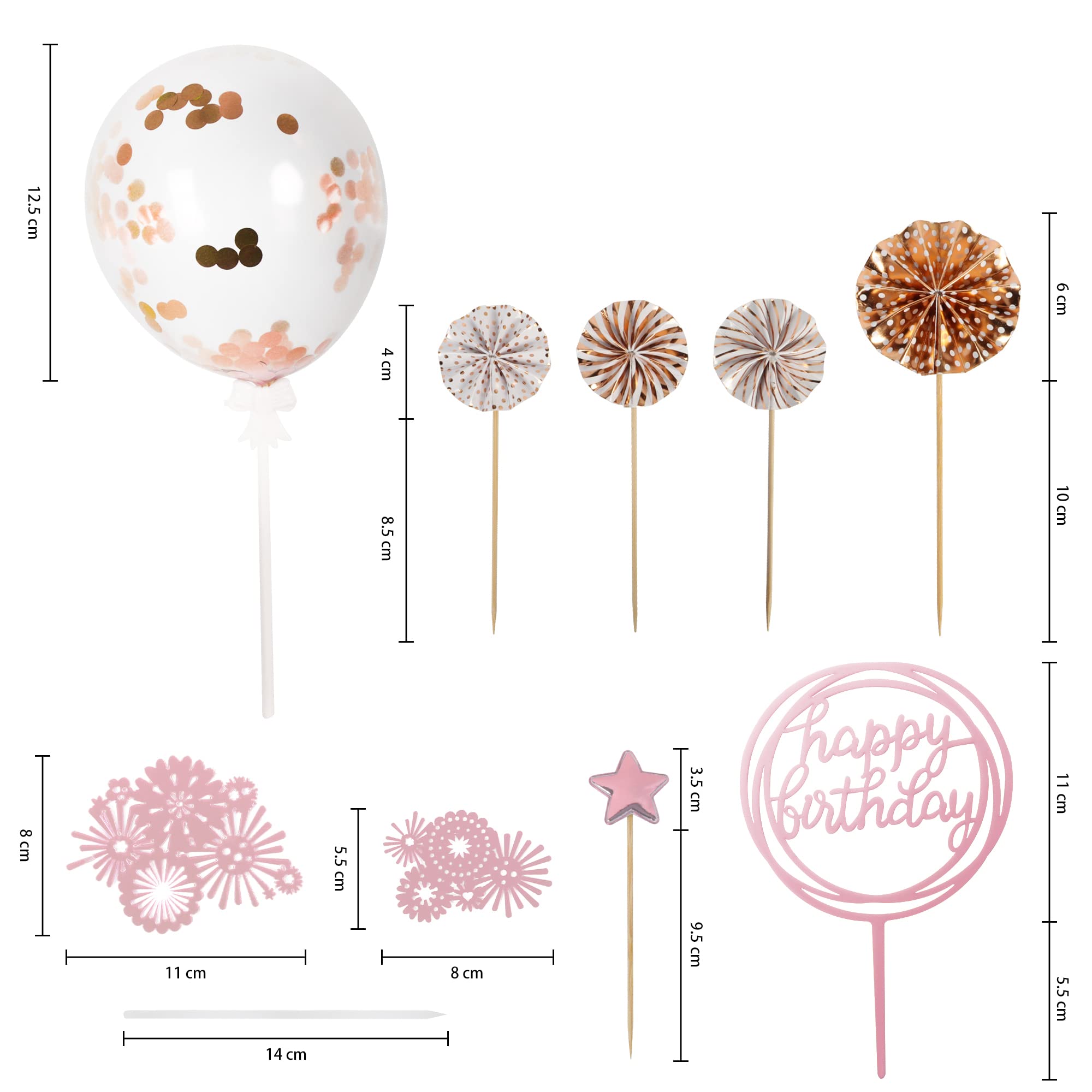 Beaface 13 PCS Birthday Cake Toppers Set, Rose Gold Cake Decorations Happy Birthday Cake Topper, Sequins Balloon Paper Fans Stars Acrylic Cake Toppers for Birthday Party Cake Decor (Rose Gold)