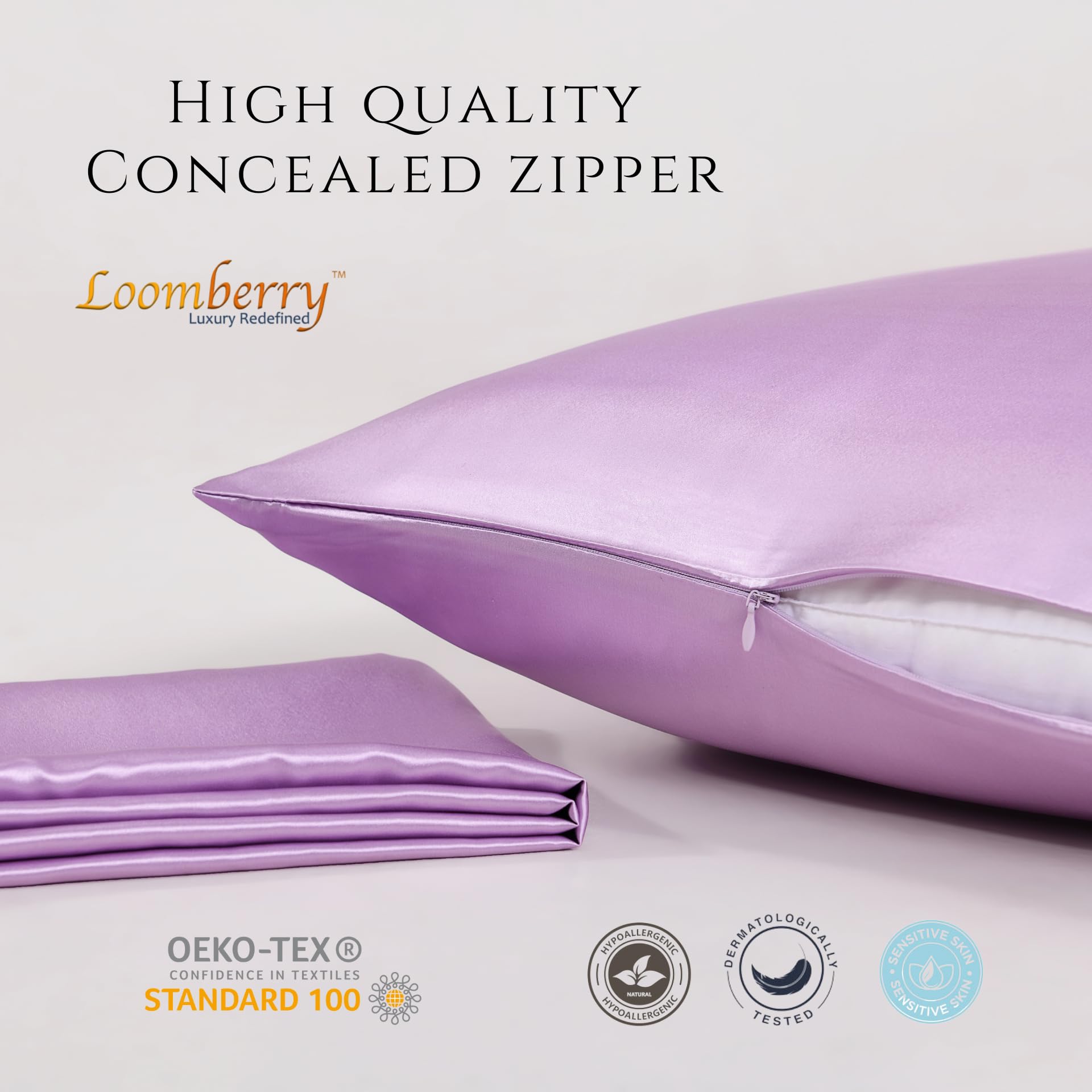 LOOMBERRY 100% Natural 22 Momme Pure Mulberry Silk Pillowcase for Hair and Skin Both Sides 22 Momme Highest Grade 6A with Hidden Zipper (Lavender, Standard (50x66CM))