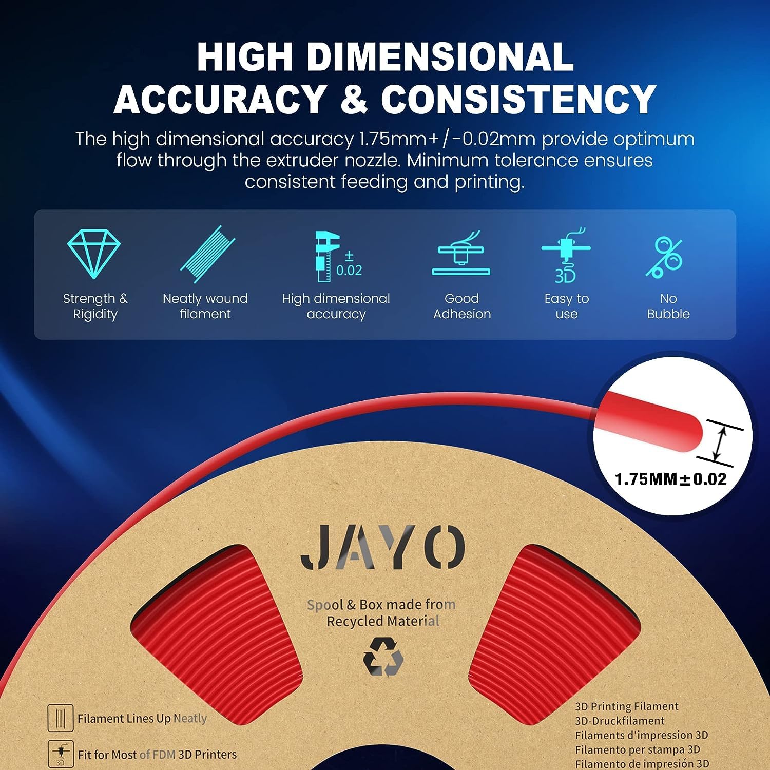 JAYO PLAand Filament 1.75mm, 3D Printer Filament PLA Plus 2.2kg, Dimensional Accuracy and/- 0.02, 2 spools PLAand redandOrange