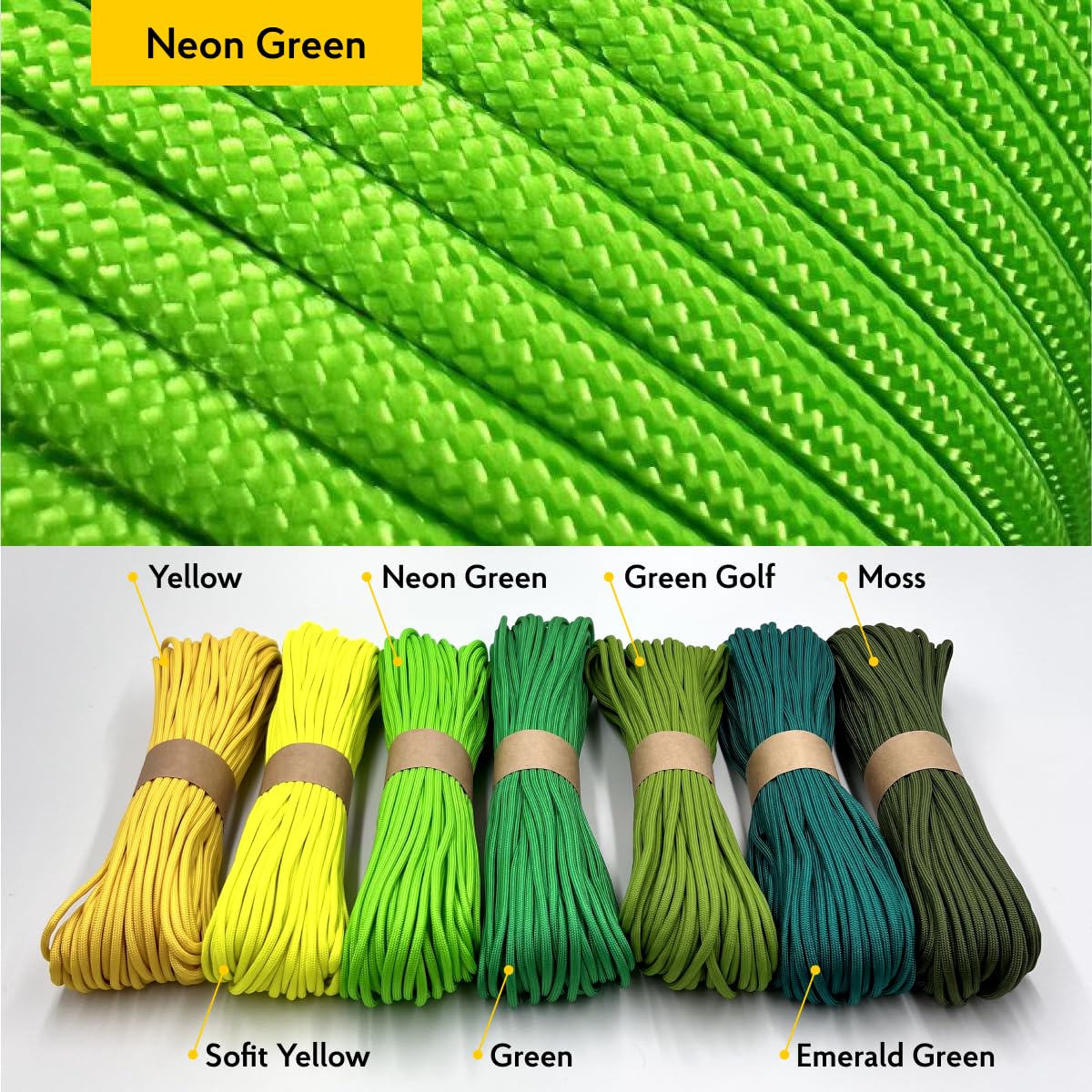 EdcX Paracord 4mm, 35and Solid Colors (10m, 15m, 30m, 50m, 100m, 300m)   Ideal for Crafting, DIY, Camping, Survival, Outdoor   100% Nylon Rope 4mm   Tactical Cord 550 Type III (Neon Green, 100 m)