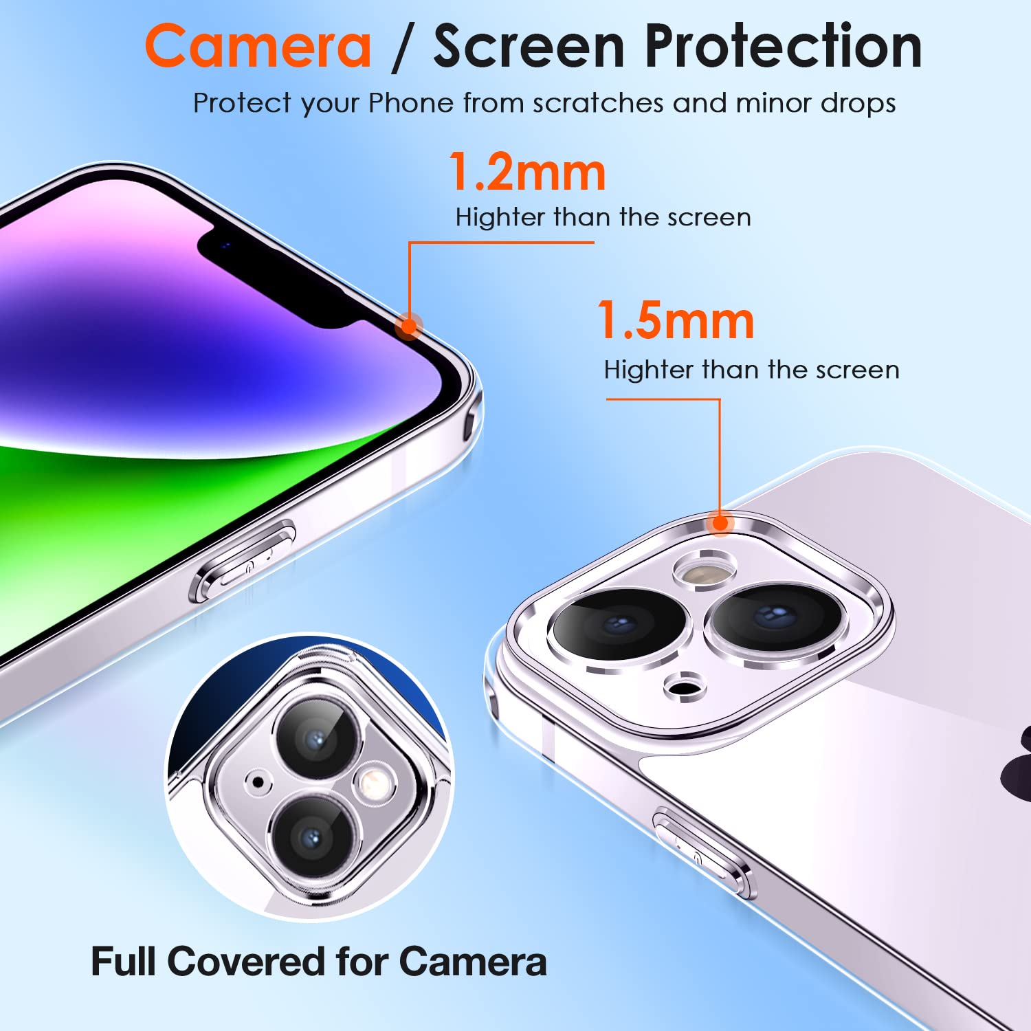 ivoler [3 in 1 Camera Protection Case for iPhone 14 6.1 inches [Long Lasting Clarity] [Military Grade Shockproof], 1 Phone Case and 2 Tempered Glass Screen Protector, Protective Hard Back Slim Cover - Clear