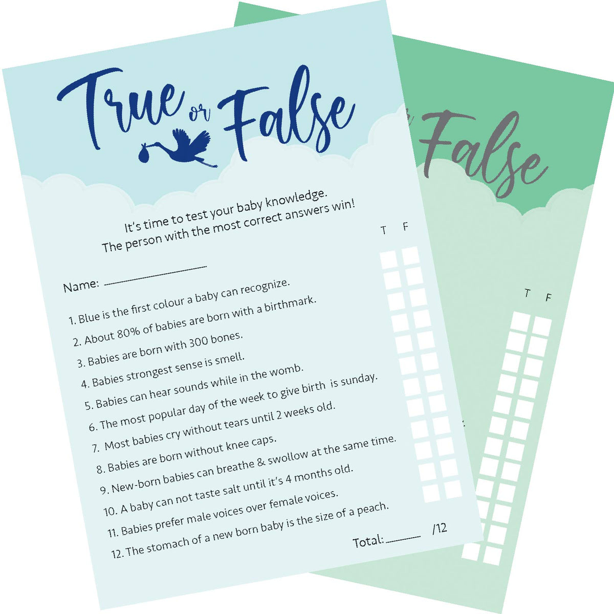 24 x Blue Baby Shower Games True Or False 24 Game Cards and 1 Answer Card Boy/Girl/Unisex (Blue, 24)