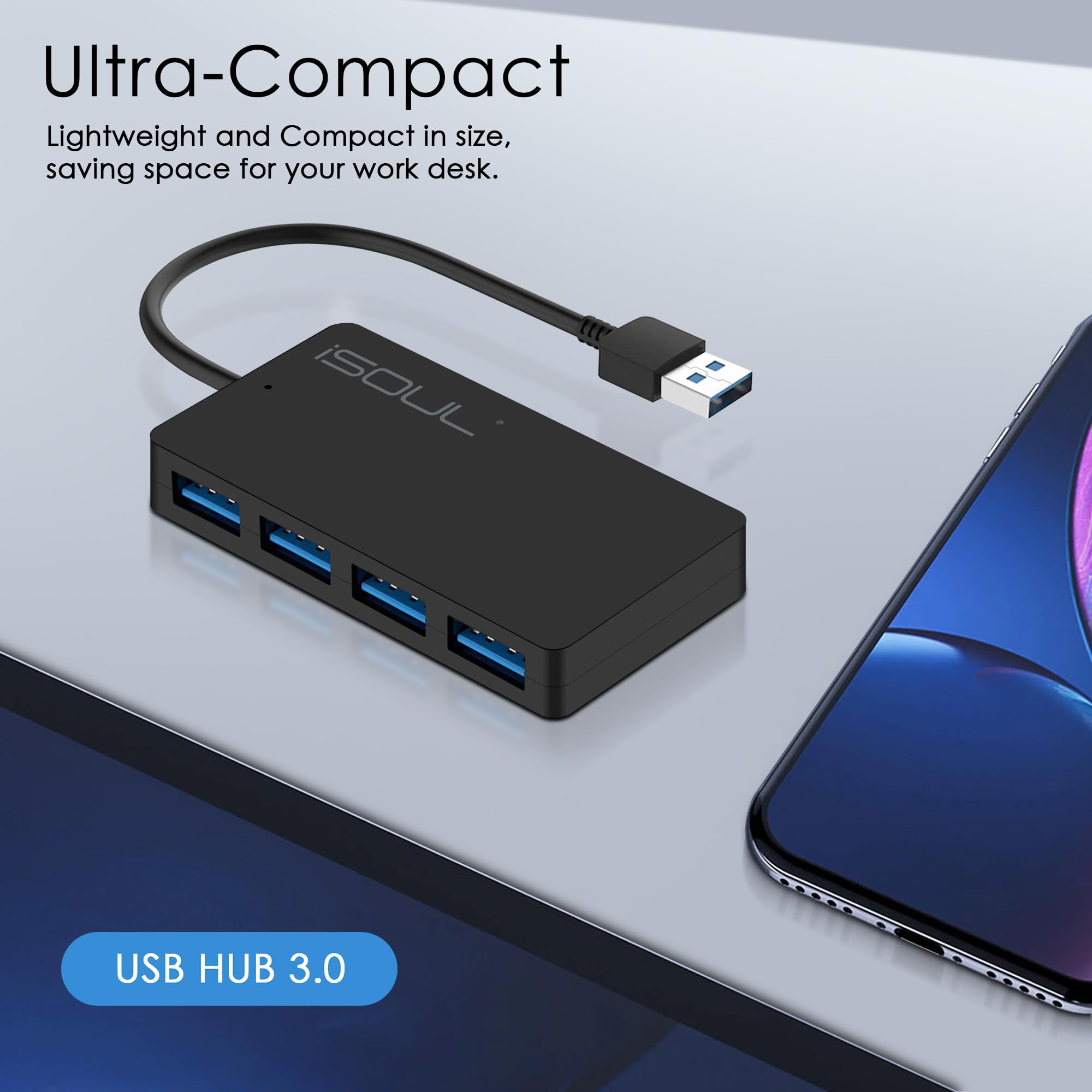 iSOUL USB Hub 3.0 4-Port Ultra-Slim USB A Hub 0.6ft Multiport Extended Data Cable, USB Splitter for PC, MacBook, PS4, PS5, Xbox, Playstation, Mac, Laptop, iMac [USB Adapter, USB Extender]