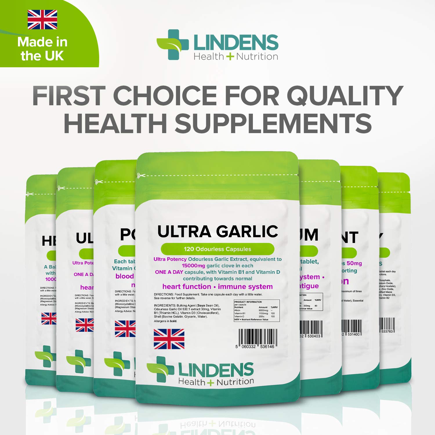 Lindens Ultra Garlic Odourless Capsules - 120 Pack - Including Vitamin B1 and D3 - Contributes to Normal Muscle Function, Heart and Immune Health - 15000mg Garlic (10500mcg Allicin) - UK Manufacturer, Letterbox Friendly