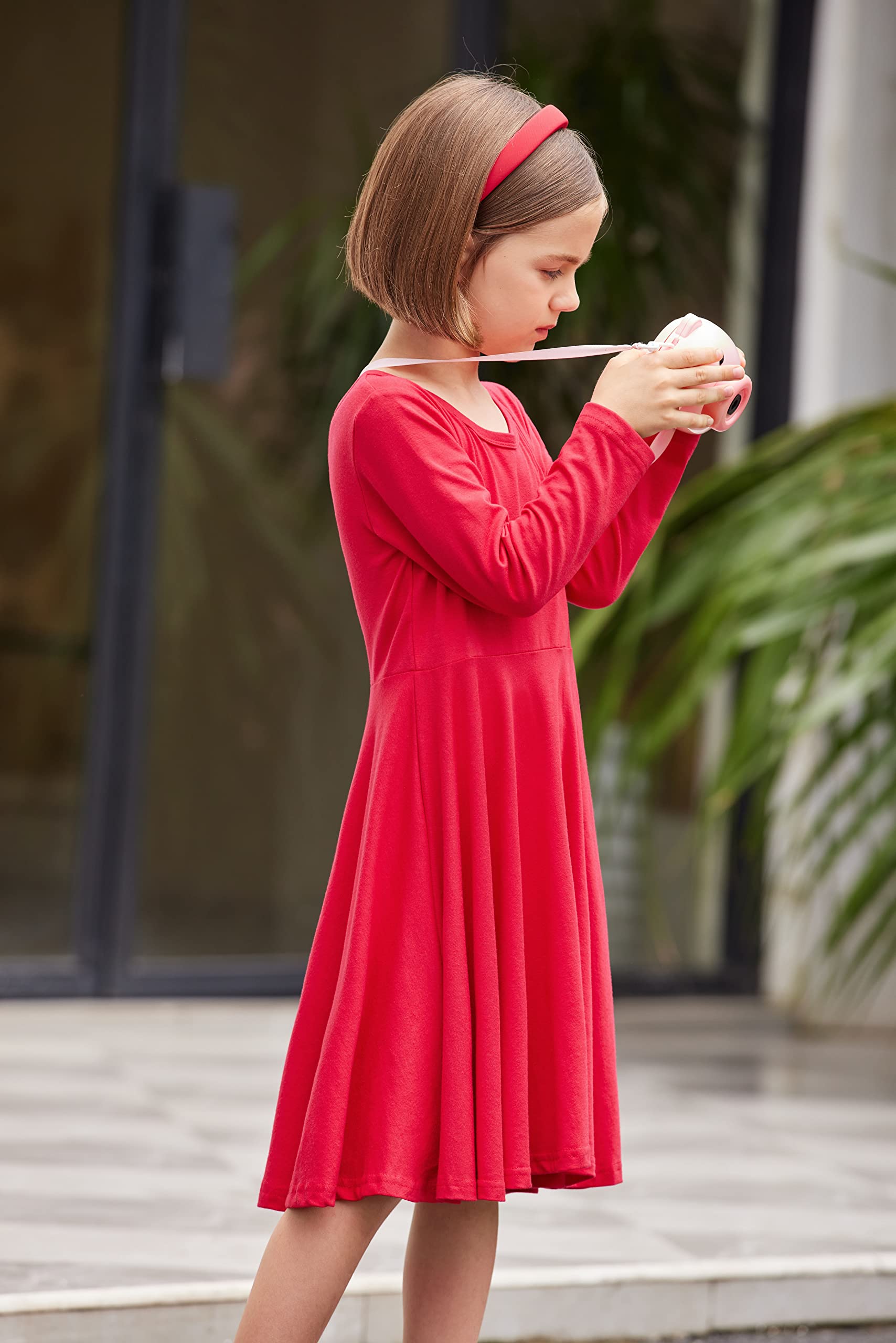 trudge Dresses Girls Long Sleeve Dress Red Children's Dress A-Line Christmas Dress Festive Dress Party Dress Swing Skater Dress 160/14-13 Years