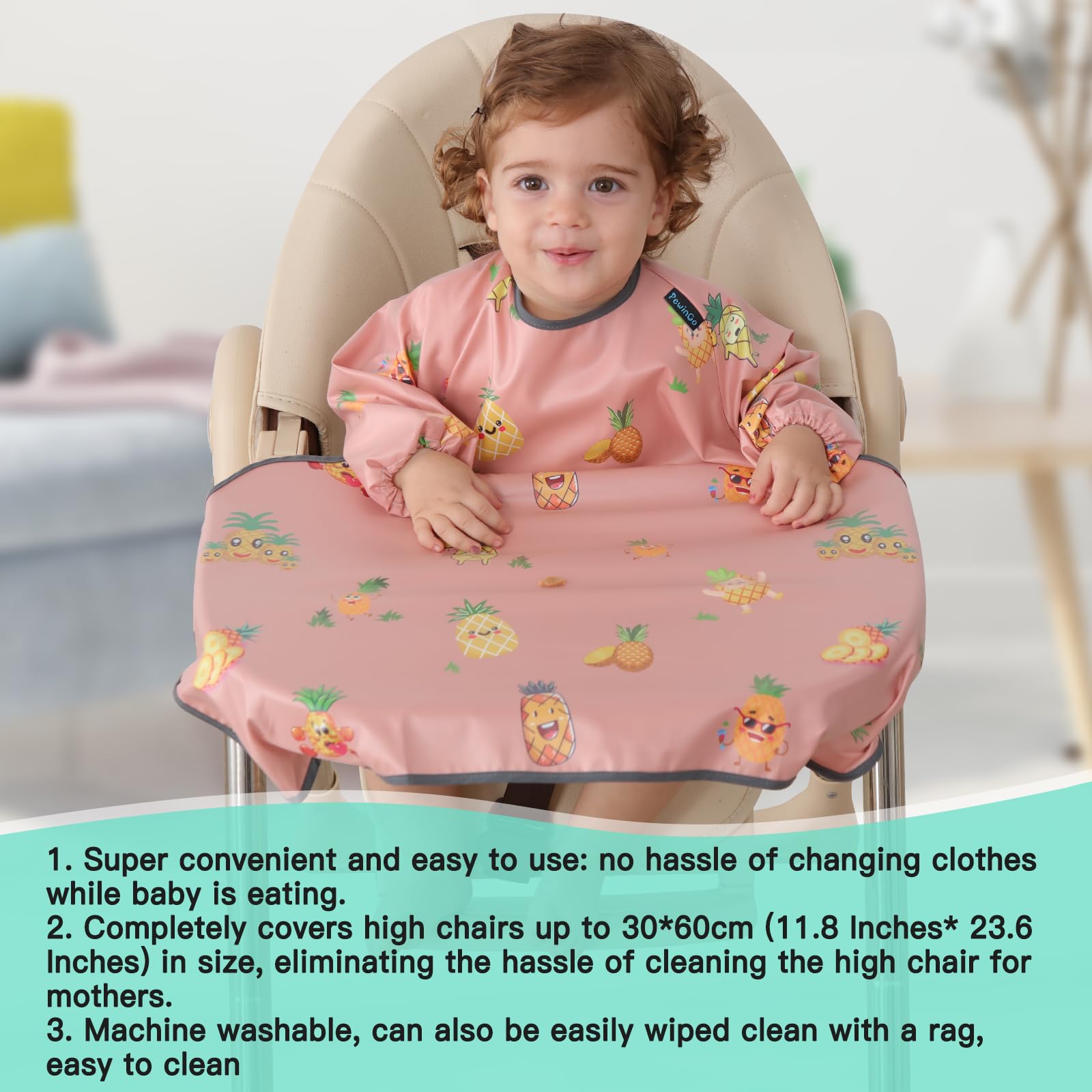 PewinGo Weaning Bib Attaches and Fully Cover to Baby Highchair, Long Sleeves Bib with Waterproof, Machine Washable & Comfortable,Easy to Clean, Suitable for BLW 6 Month to 3 Years Old-Pink