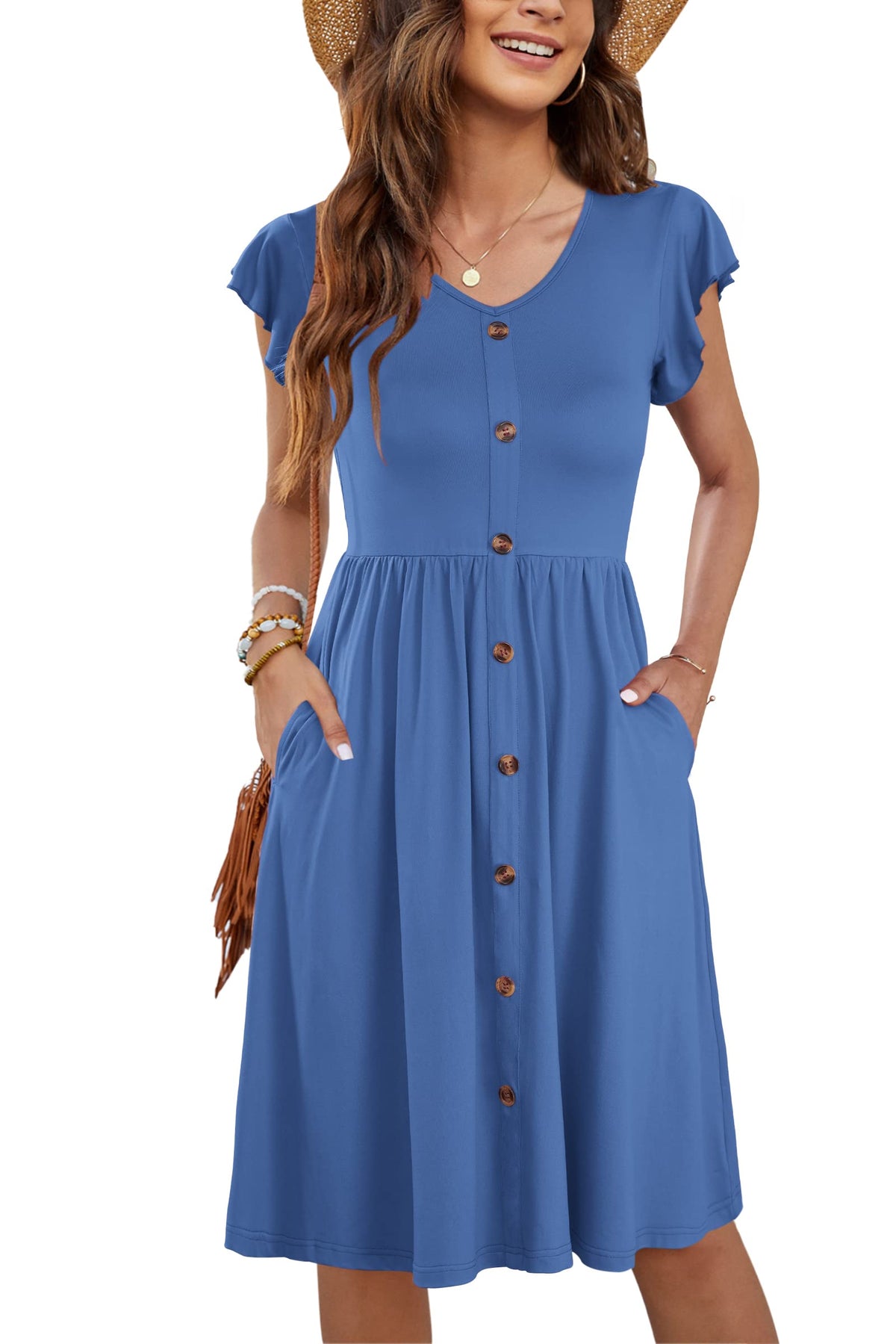 MOLERANI Women Summer Dresses Ruffle Sleeve V Neck Casual Swing Elastic Waist Midi Dress with Pockets Super Beja Blue 2XL