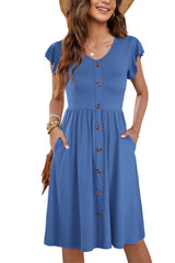 MOLERANI Women Summer Dresses Ruffle Sleeve V Neck Casual Swing Elastic Waist Midi Dress with Pockets Super Beja Blue 2XL