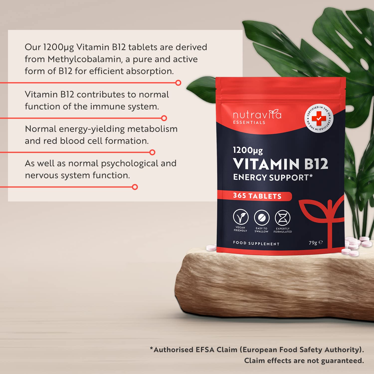 High Strength Vitamin B12 1200mcg Tablets - 365 Vegan Methylcobalamin Vitamin B Tablets - Contributes to The Reduction of Tiredness and Fatigue - VIT B12 - Made in The UK by Nutravita