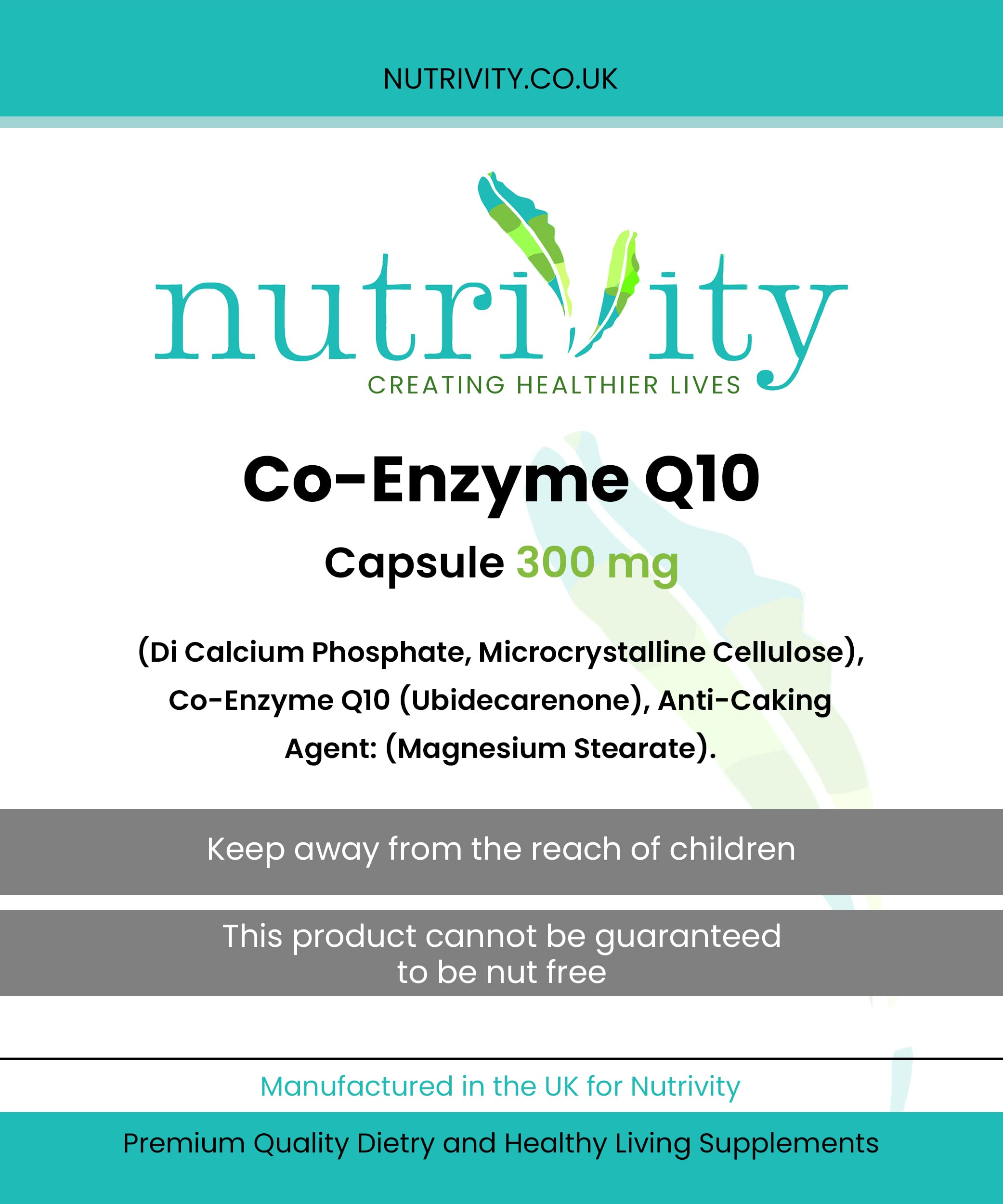 CoQ10 300mg Vegan Capsule - Co Enzyme Q10 High Strength Naturally Fermented Ubiquinone - Made in The UK by Nutrivity (30)