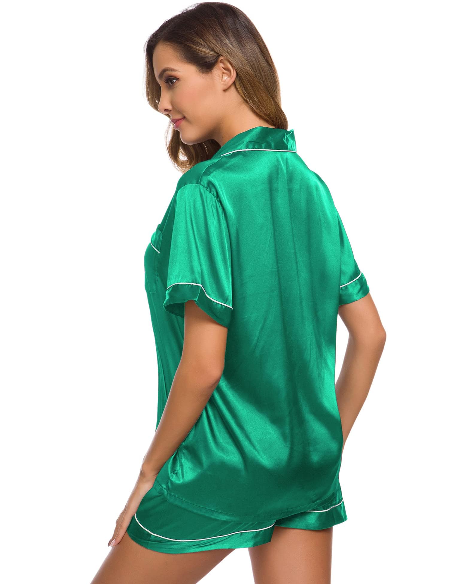 SWOMOG Satin Pyjamas for Womens Silk Pyjamas Short Set Button Down Pj Sets Bridemaid Pyjamas 2 Piece Emerald Green