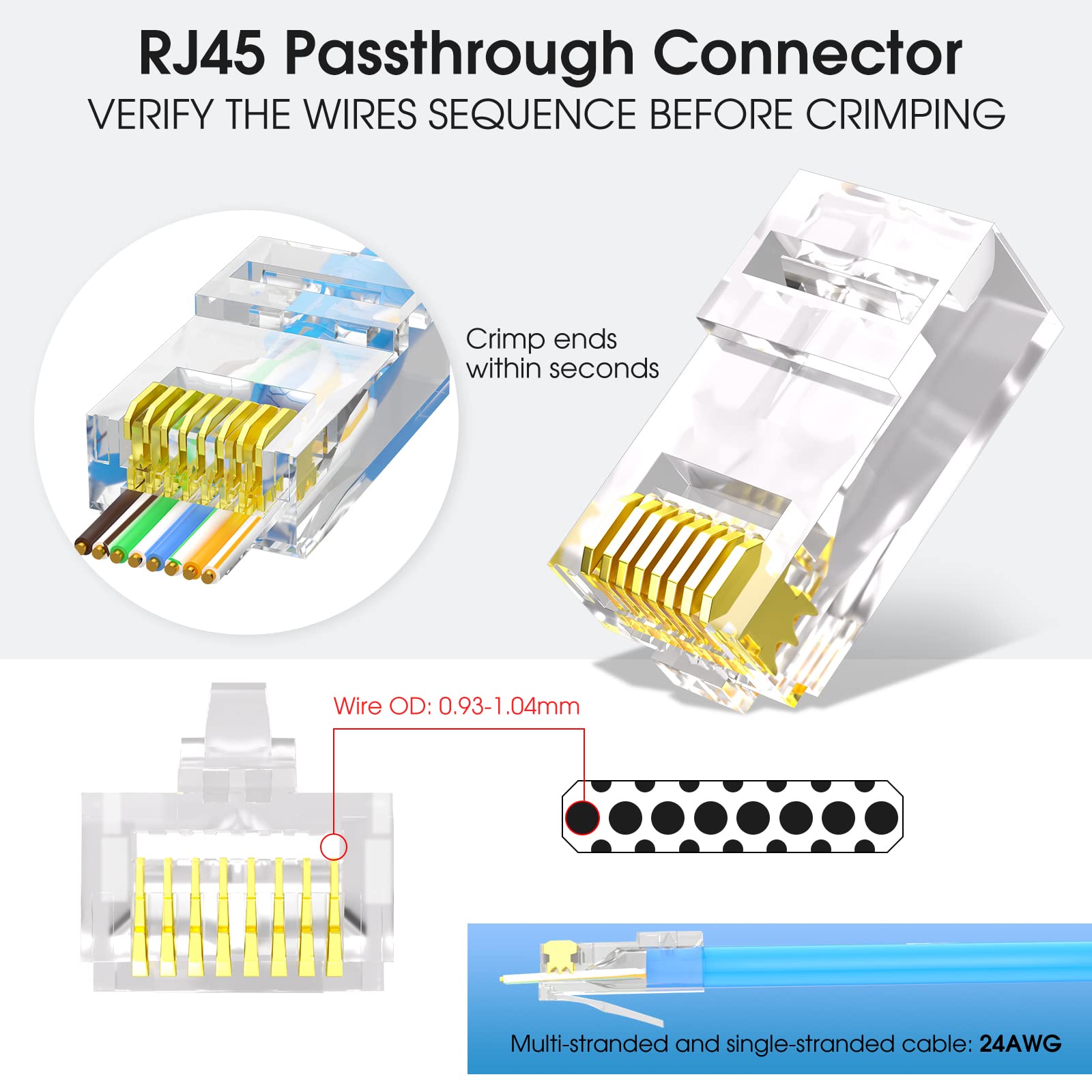 AVARTEK RJ45 Cat5/Cat5E Pass Through Connectors 100 Pack, Ethernet RJ45 Plug for Cat5 Cat5e Cat6 UTP Solid & Stranded Network Cable