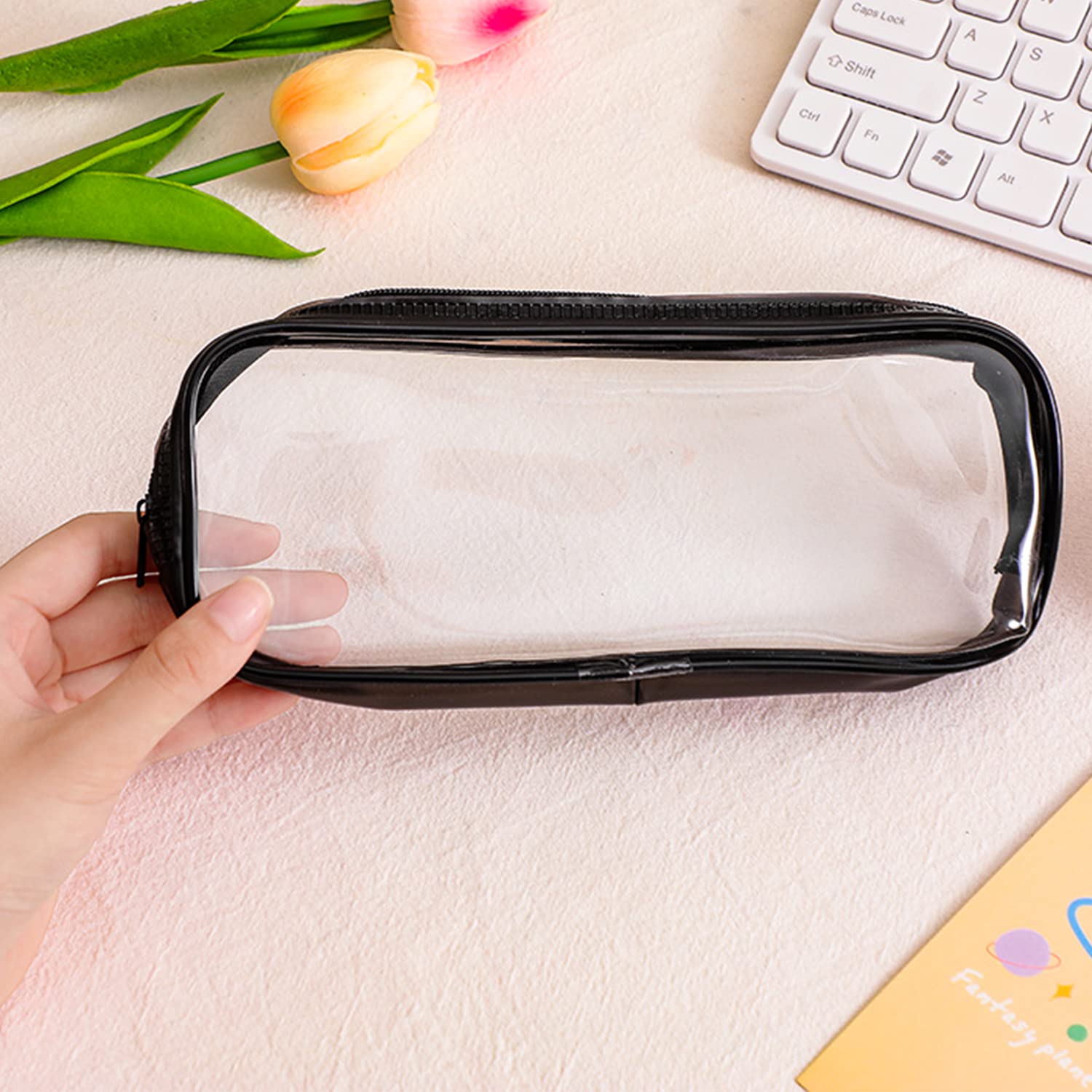 CHEERYMAGIC Clear Pencil Bag, Clear Exam Pencil Case, Waterproof PVC Zippered Comestic Storage Pouch, Travel Luggage Pouch Make up Cosmetic Bag (black)