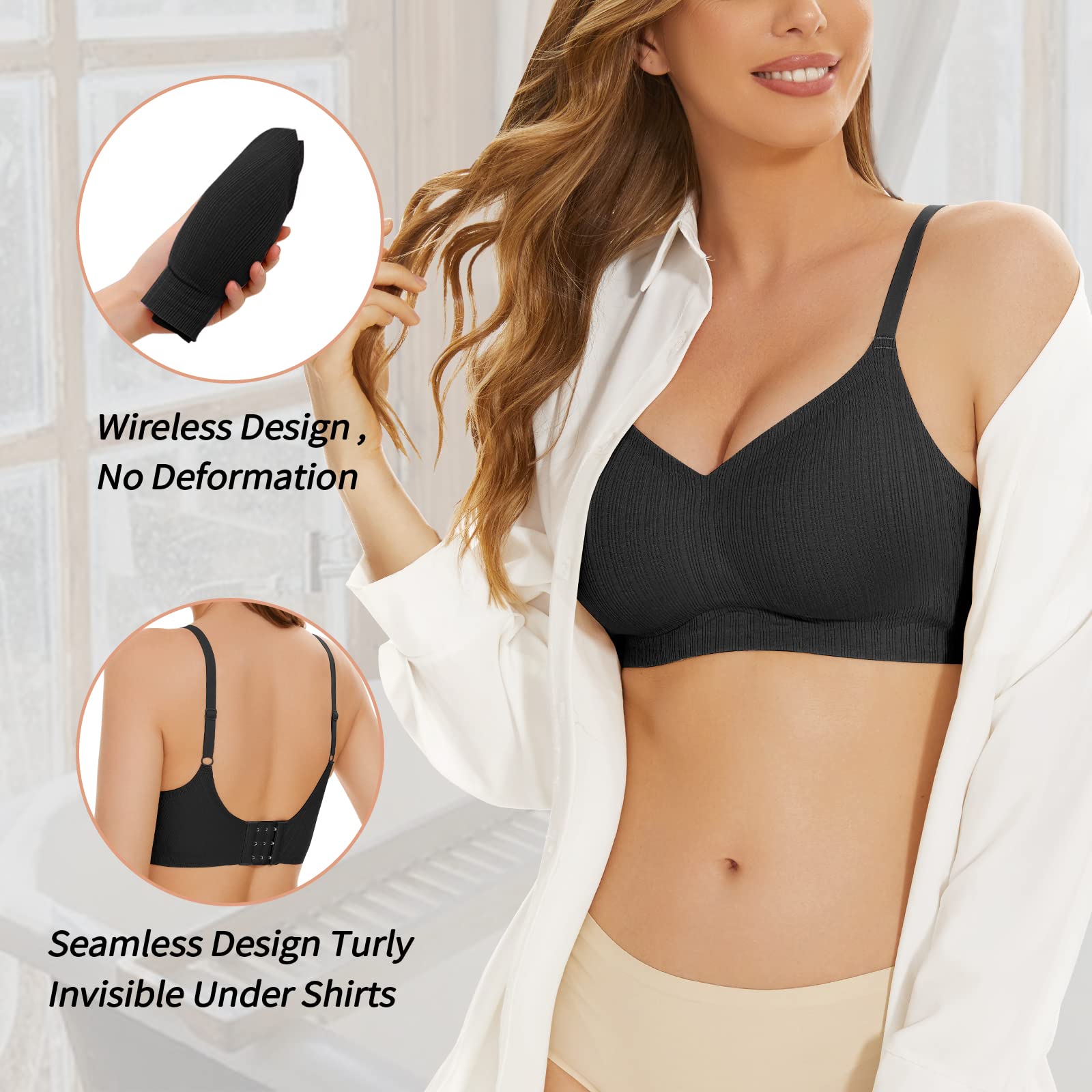 WOWENY Wireless Bras for Women Padded Seamless Bra Push up Ribbed Ladies Comfort Bralettes with Adjustable Straps and Removable Pads for Everyday Wear Black M