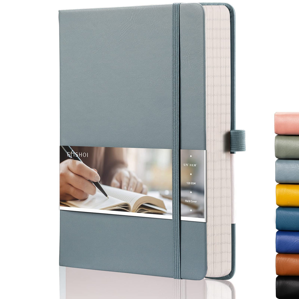 EMSHOI A5 Notebook - 21.4 x 14.5 cm Lined Journal with 256 Numbered Pages, 120gsm Thick Paper, Sticky Notes, 8 Perforated Sheets, Hardback Vegan Leather Notepad for Women Men Writing - GrayBlue