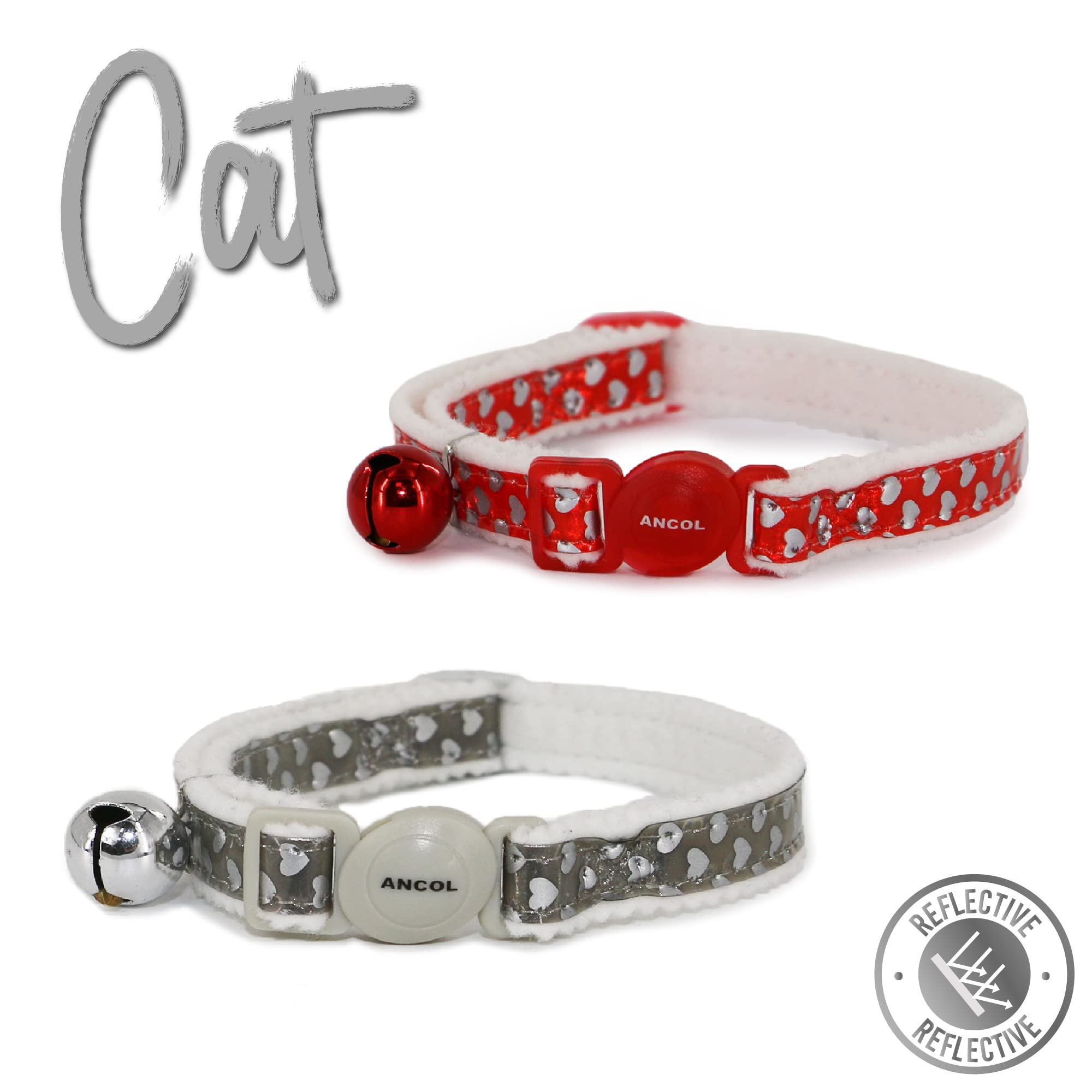 Ancol Reflective Gloss Hearts Safety Cat Collar, RED