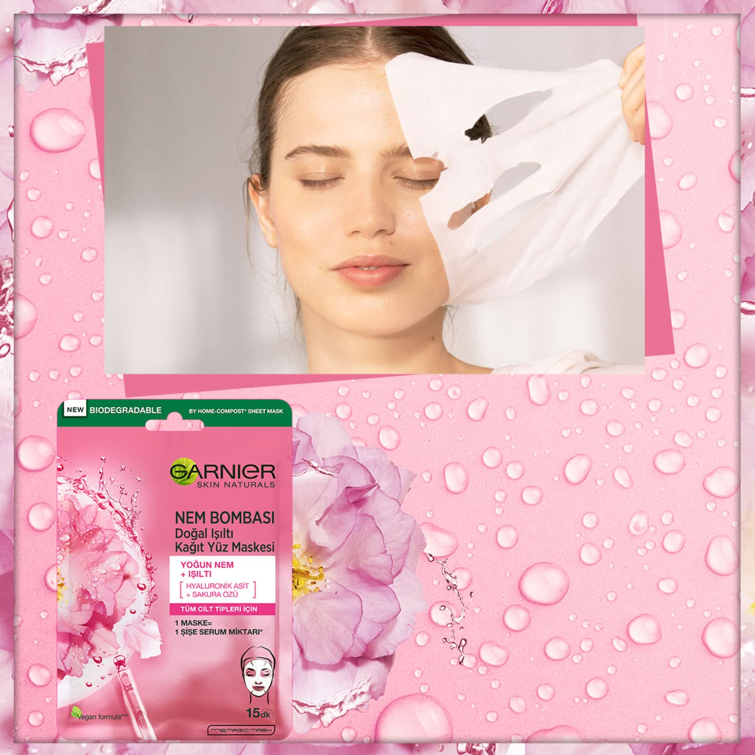 Garnier Moisture Bomb Sakura and Hyaluronic Acid Sheet Mask, Hydrating and Glow Reviving Face Mask For Dull Skin, Biodegradable and Vegan Tissue, 28g